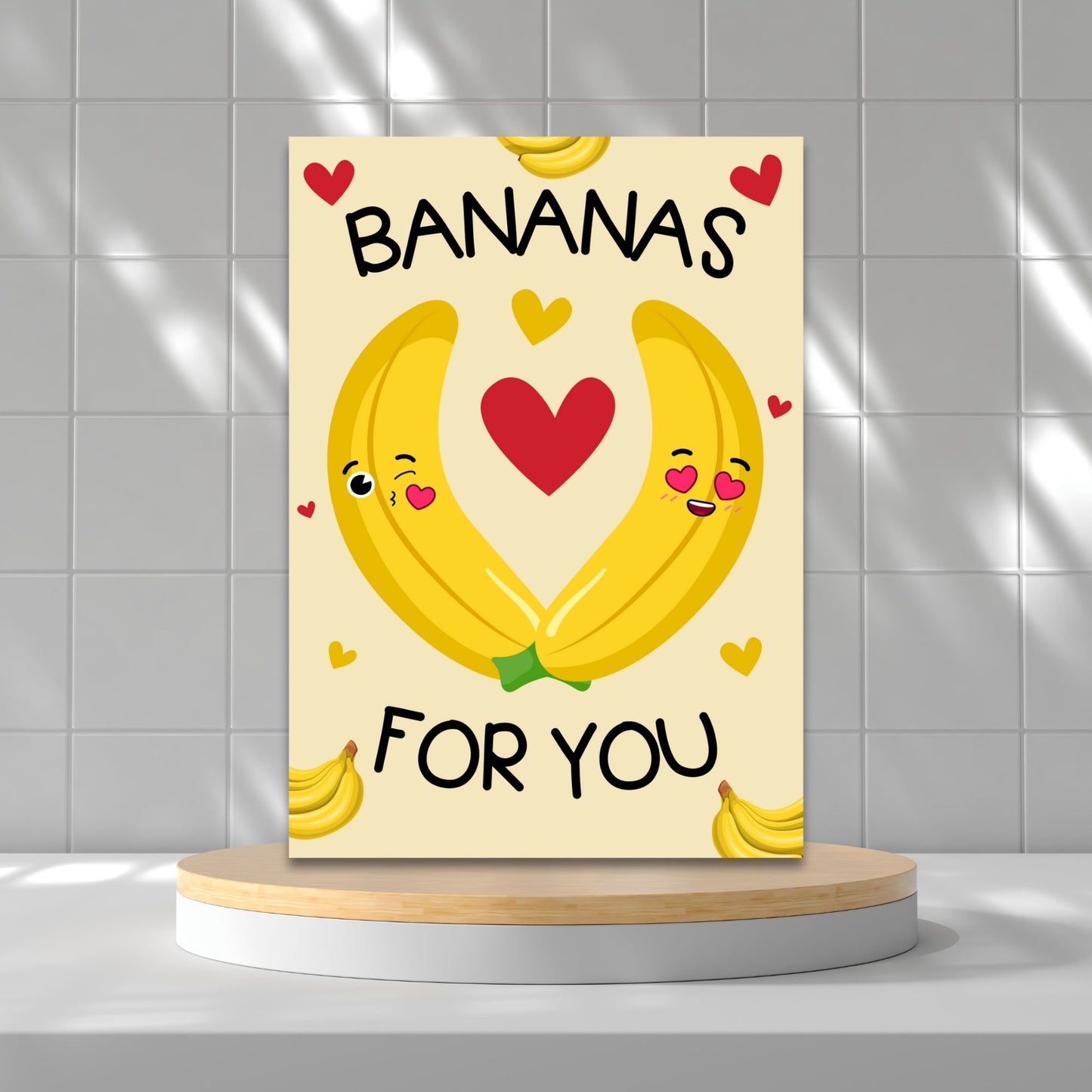 Printable Valentineās Day Greeting Card featuring the pun āI'm Bananas for You.ā Designed as a 5x7 PDF on an 8.5 x 11 sheet with two cards per page. A cute and fun Valentineās card for fruit lovers.