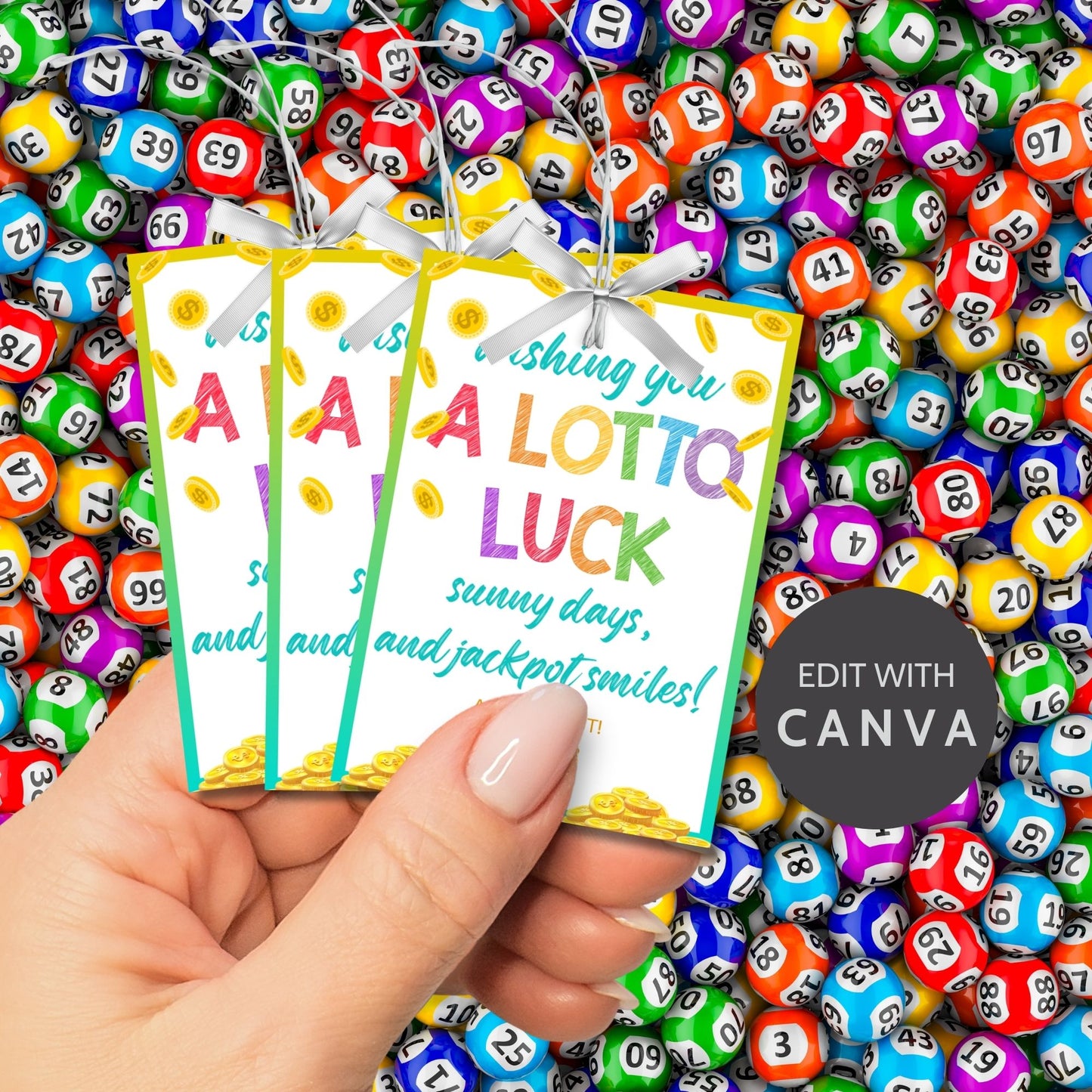 Colorful lotto-themed gift tags featuring a cheerful design with gold coins and the text "Wishing You A Lotto Luck, Sunny Days, and Jackpot Smiles! All the Best!" Personalize with names.