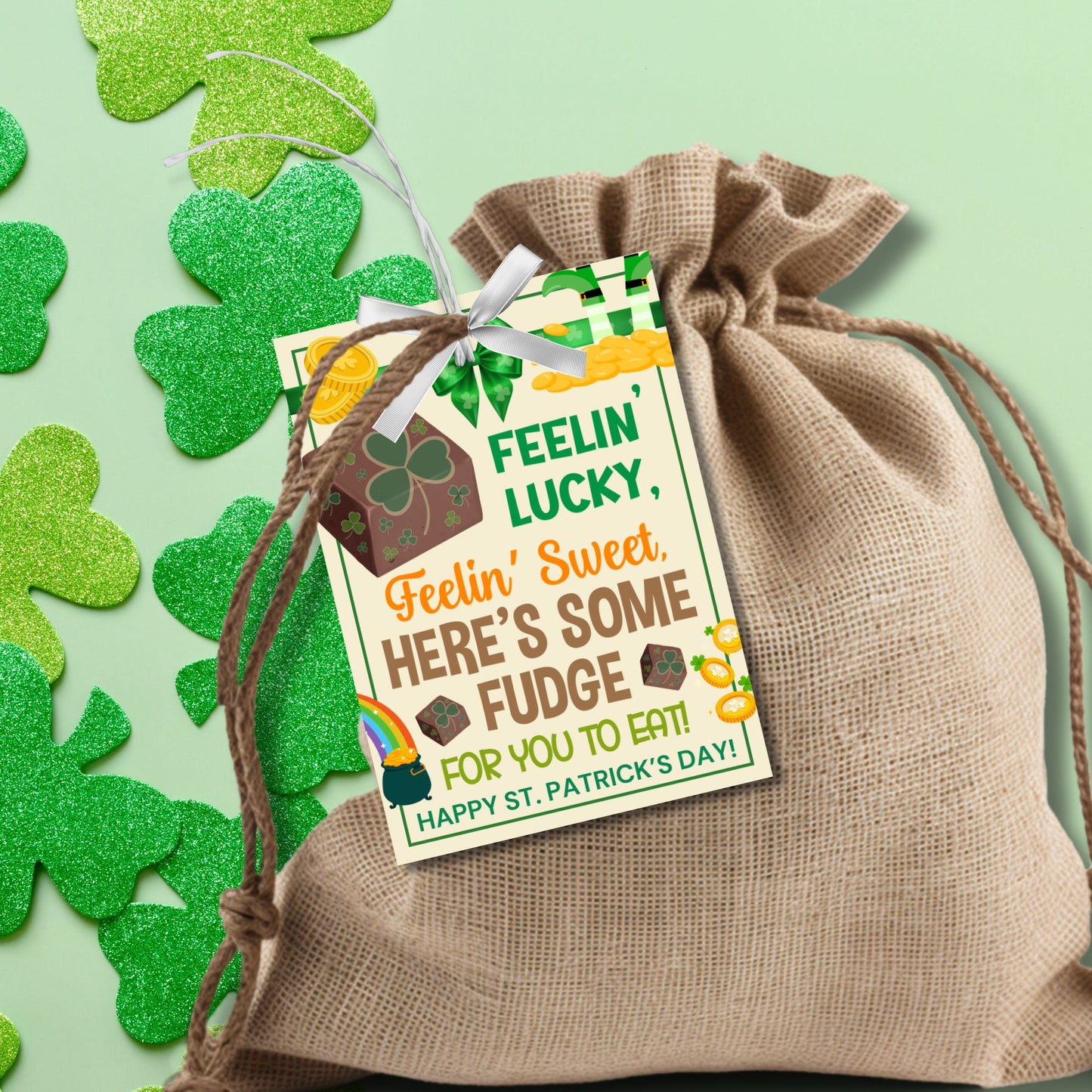 A festive St. Patrick’s Day printable gift tag featuring chocolate fudge decorated with shamrocks, gold coins, and rainbows, with the fun phrase “Feelin’ Lucky, Feelin’ Sweet – Here’s Some Fudge for You to Eat!” The tags are 2.5 x 3.5 inches, laid out on an 8.5 x 11-inch sheet, 8 per page. Available as a printable PDF and an editable Canva template for personalization.