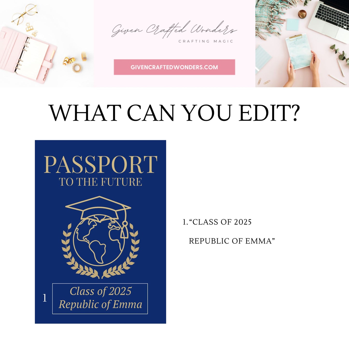 Double-sided editable passport-themed graduation invitation in navy and gold with photo ID layout on front and globe design on back, formatted for 5x7 inches.