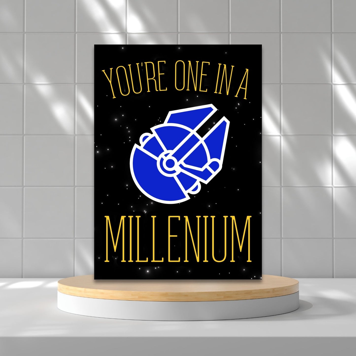 Printable Valentineās Day Greeting Card featuring the pun āYou're One in a Millennium.ā Designed as a 5x7 PDF on an 8.5 x 11 sheet with two cards per page. A perfect Valentineās card for sci-fi and space lovers.