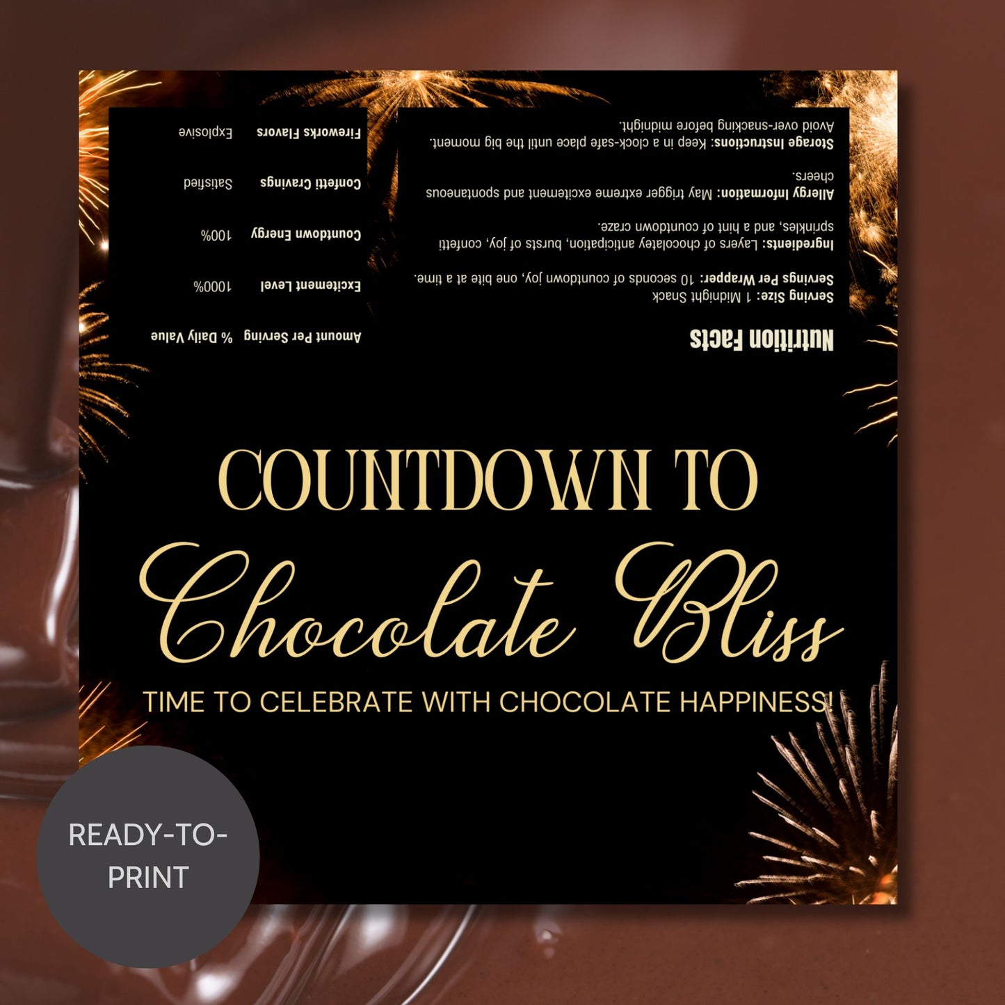 A sleek and colorful New Year chocolate bar wrapper design with editable text, perfect for personalizing New Year party favors and gifts.