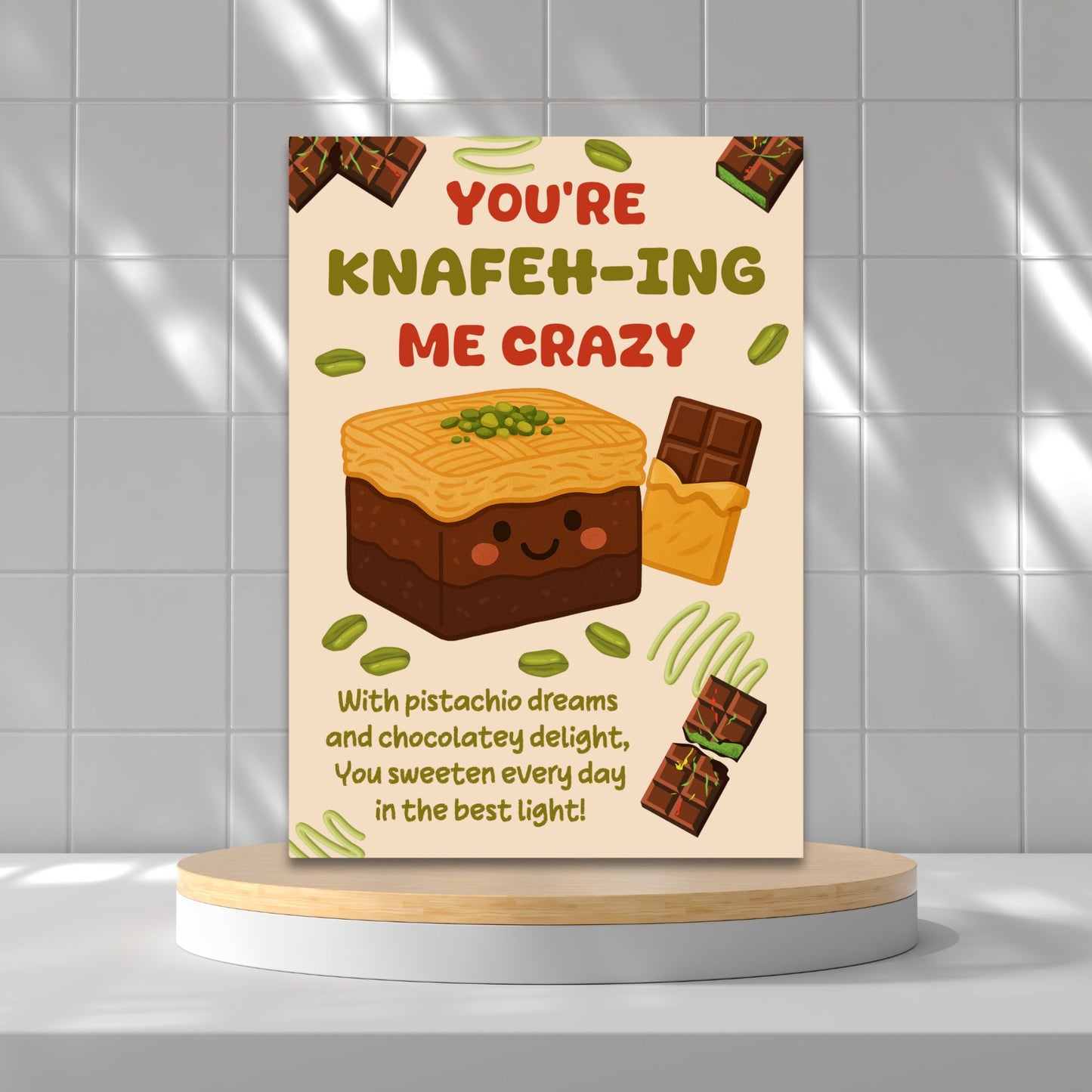 Printable card with playful Middle Eastern dessert pun reading “You’re Knafehing Me Crazy” – 5x7 PDF digital download