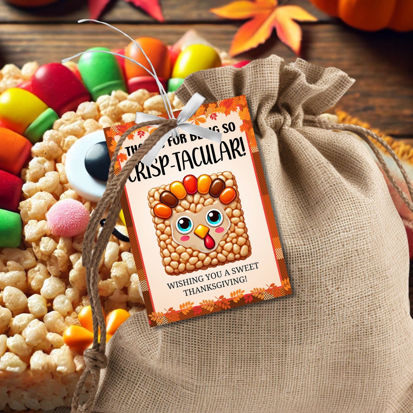 Printable Thanksgiving gift tags with a Rice Krispie turkey illustration and the message 'Thanks for Being So Crisp-tacular!' surrounded by a festive autumn border. Ideal for sweet holiday treats and gifts.