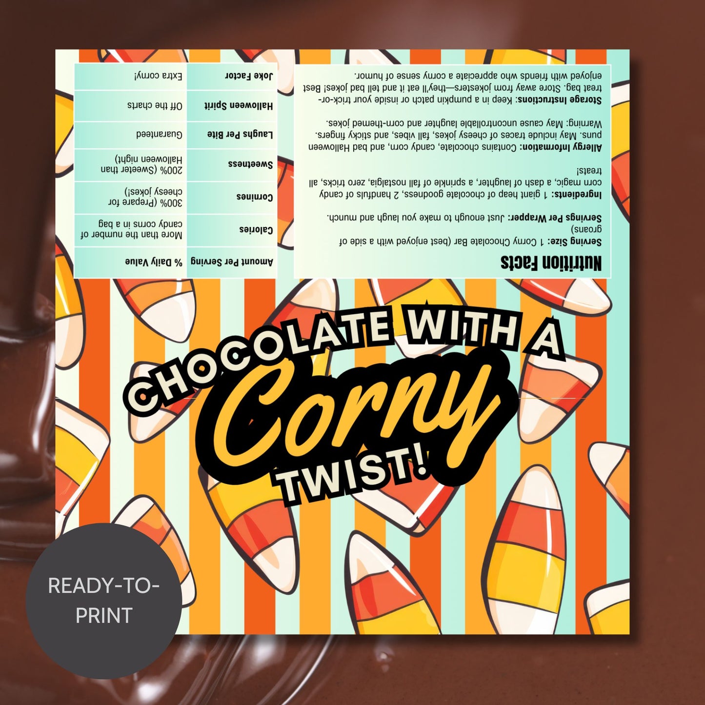 Printable and editable candy corn-themed Halloween chocolate bar wrapper featuring candy corn graphics and colorful stripes, perfect for trick-or-treat and Halloween parties.