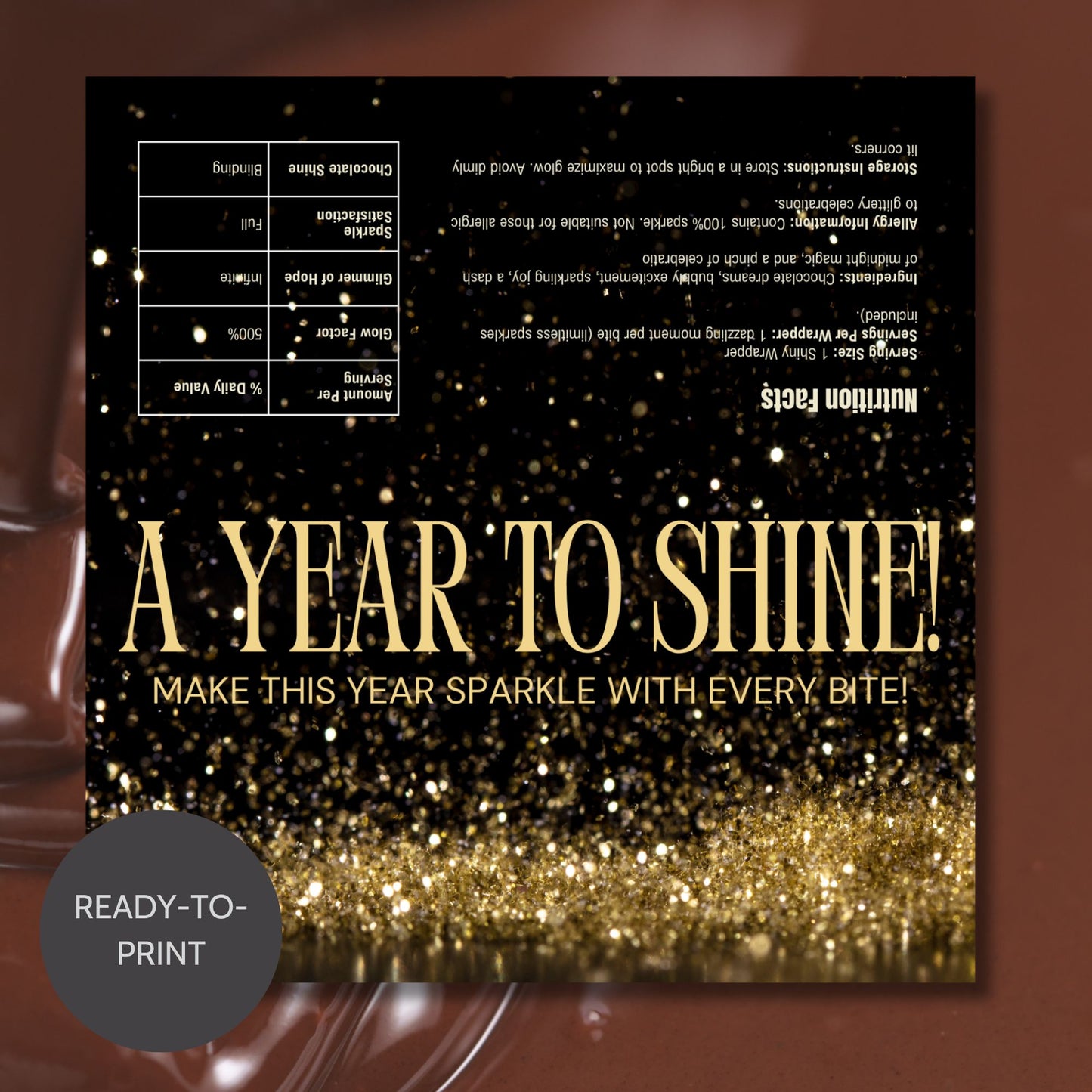 A chic and elegant New Year chocolate bar wrapper with modern, customizable designs, perfect for enhancing your New Year party favors or gifts.