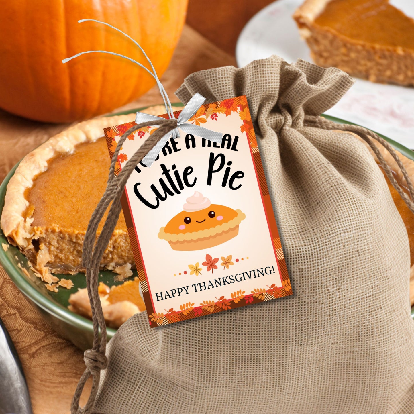 Printable Thanksgiving gift tags with a cute pie illustration and the message 'You're a Real Cutie Pie,' surrounded by a festive fall border. Perfect for holiday treats and gifts.