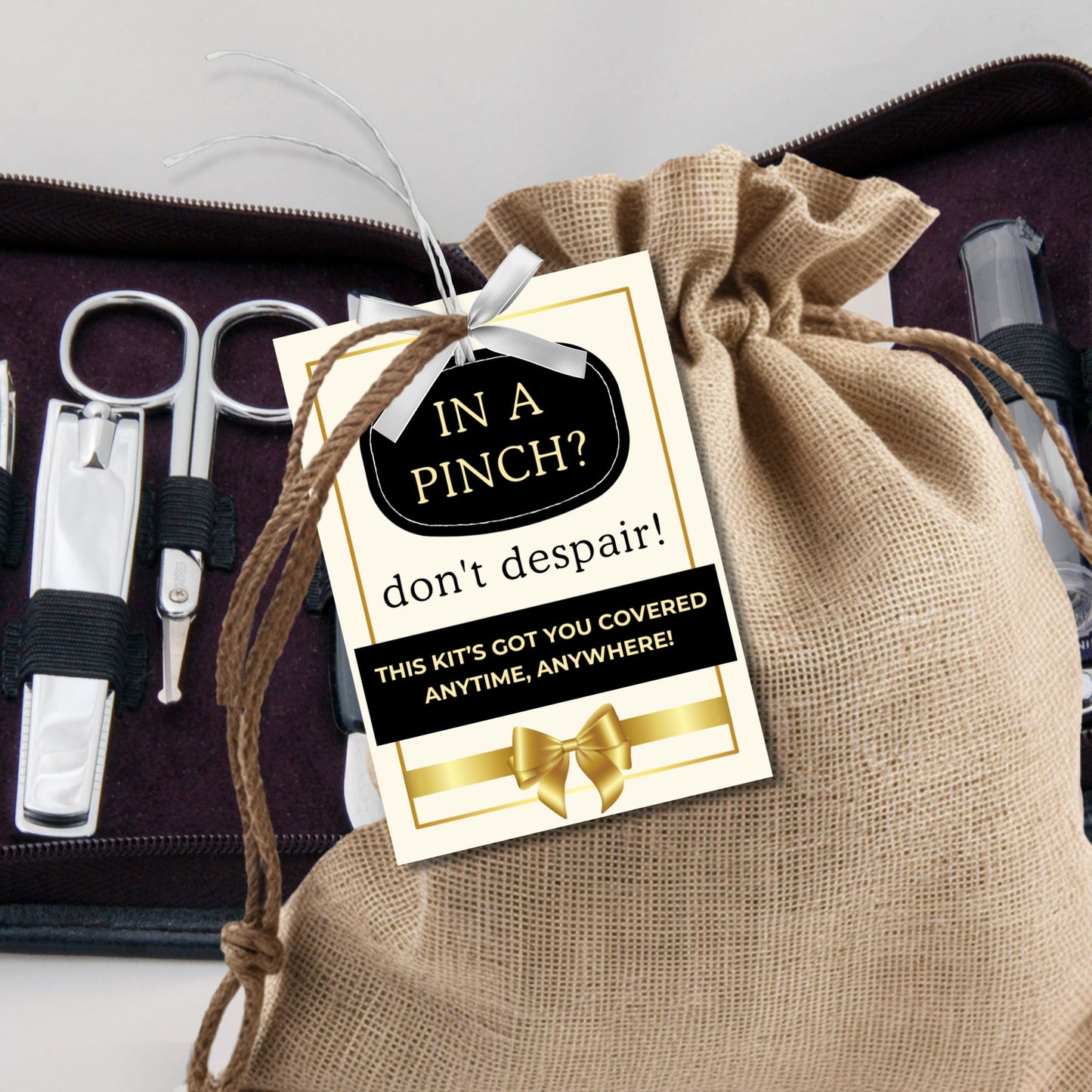 Elegant black and gold "In A Pinch? Don’t Despair!" gift tags, perfect for emergency kits or small survival packs. Includes printable and editable Canva template.