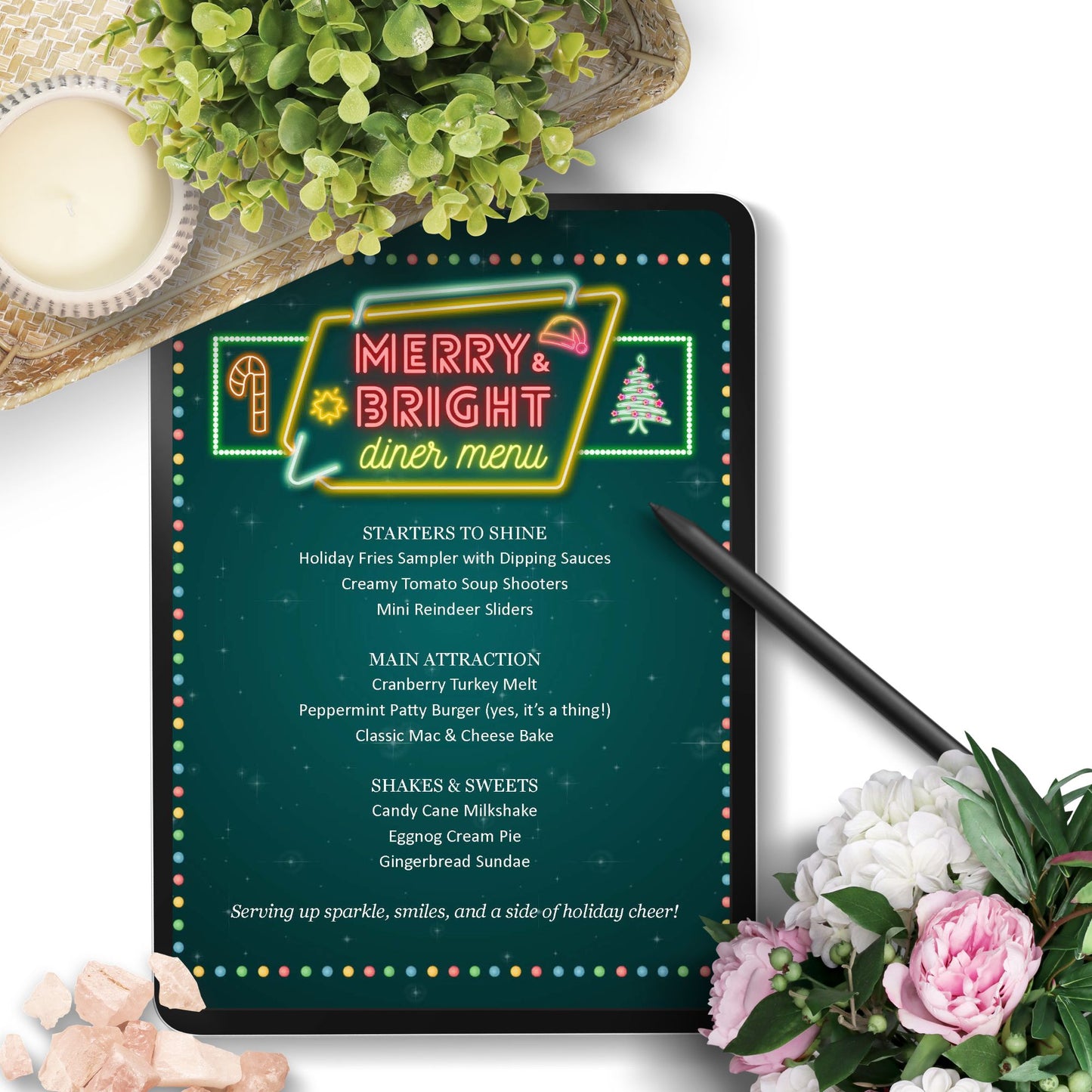 Menu with festive design featuring a pen and decorative elements on a white background