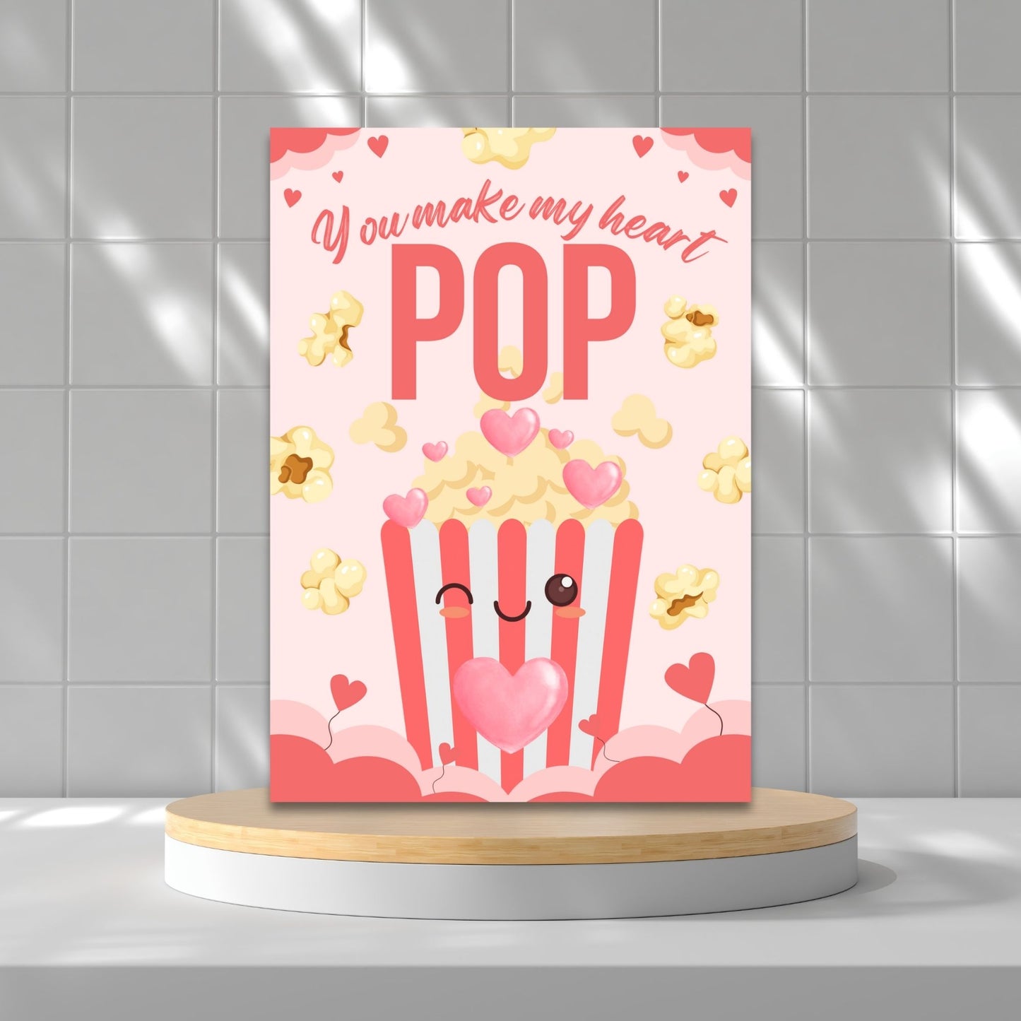 Printable Valentineās Day Greeting Card featuring the phrase āYou Make My Heart Popā with a popcorn theme. Designed as a 5x7 PDF on an 8.5 x 11 sheet with two cards per page. A fun and whimsical Valentineās card for movie and snack lovers.
