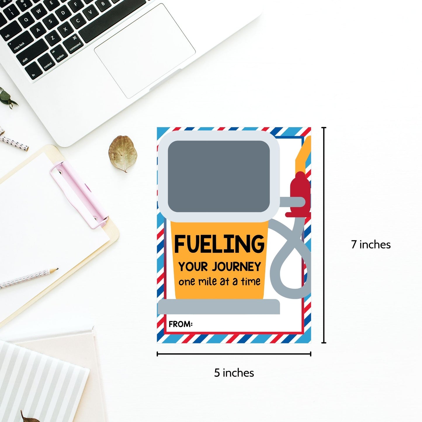 Printable gas station gift card holders for students and anyone, 5x7 inches, laid out on an 8.5 x 11 inch sheet, with a dynamic "Fueling Your Journey One Mile at a Time" message.