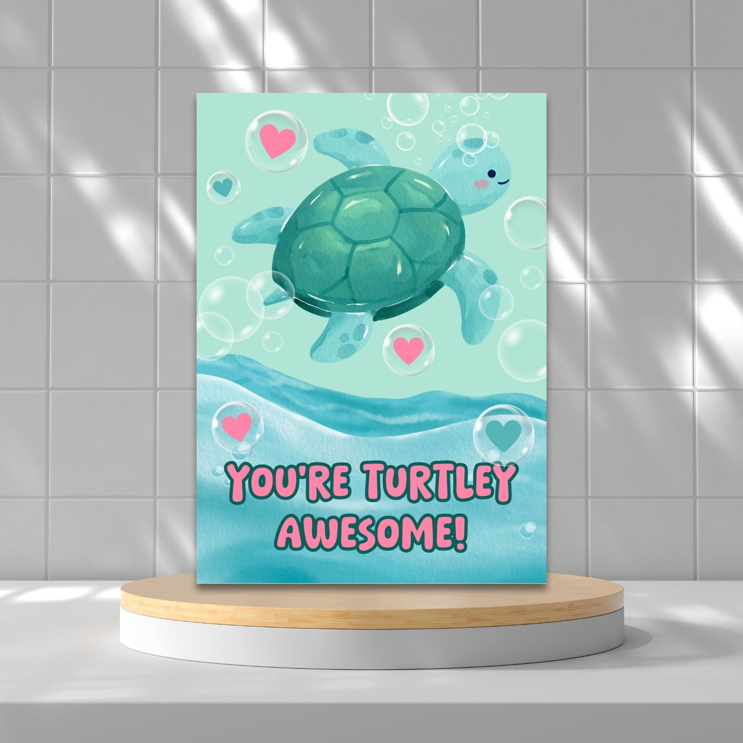 Printable Valentineās Day Greeting Card featuring the pun āYou're Turtley Awesome.ā Designed as a 5x7 PDF on an 8.5 x 11 sheet with two cards per page. A cute and fun Valentineās card for turtle lovers and friends.