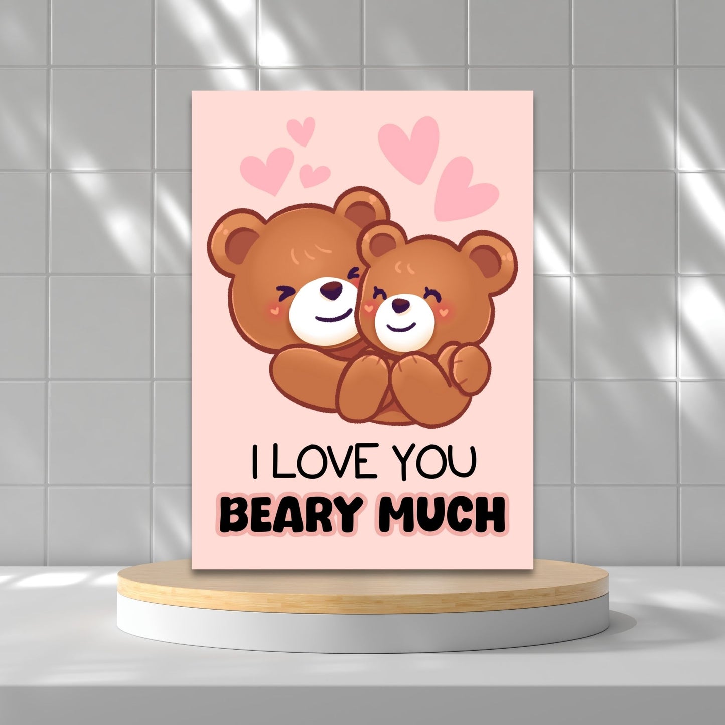 Printable Valentineās Day Greeting Card featuring the pun āI Love You Beary Much.ā Designed as a 5x7 PDF on an 8.5 x 11 sheet with two cards per page. A cute and heartfelt Valentineās card for loved ones.