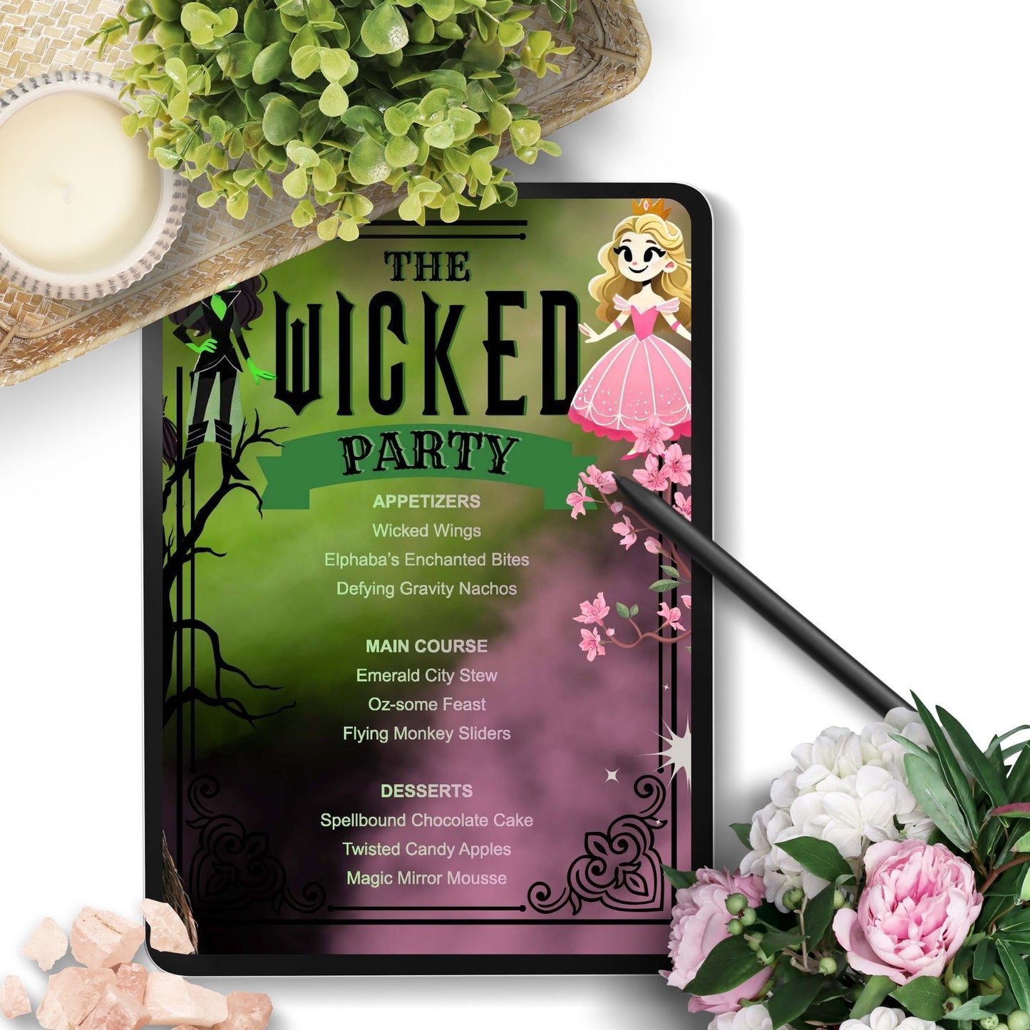 Editable Wicked-themed menu template with character illustrations and dishes like Wicked Wings and Magic Mirror Mousse, perfect for Halloween, fantasy parties, and Wicked musical fans.