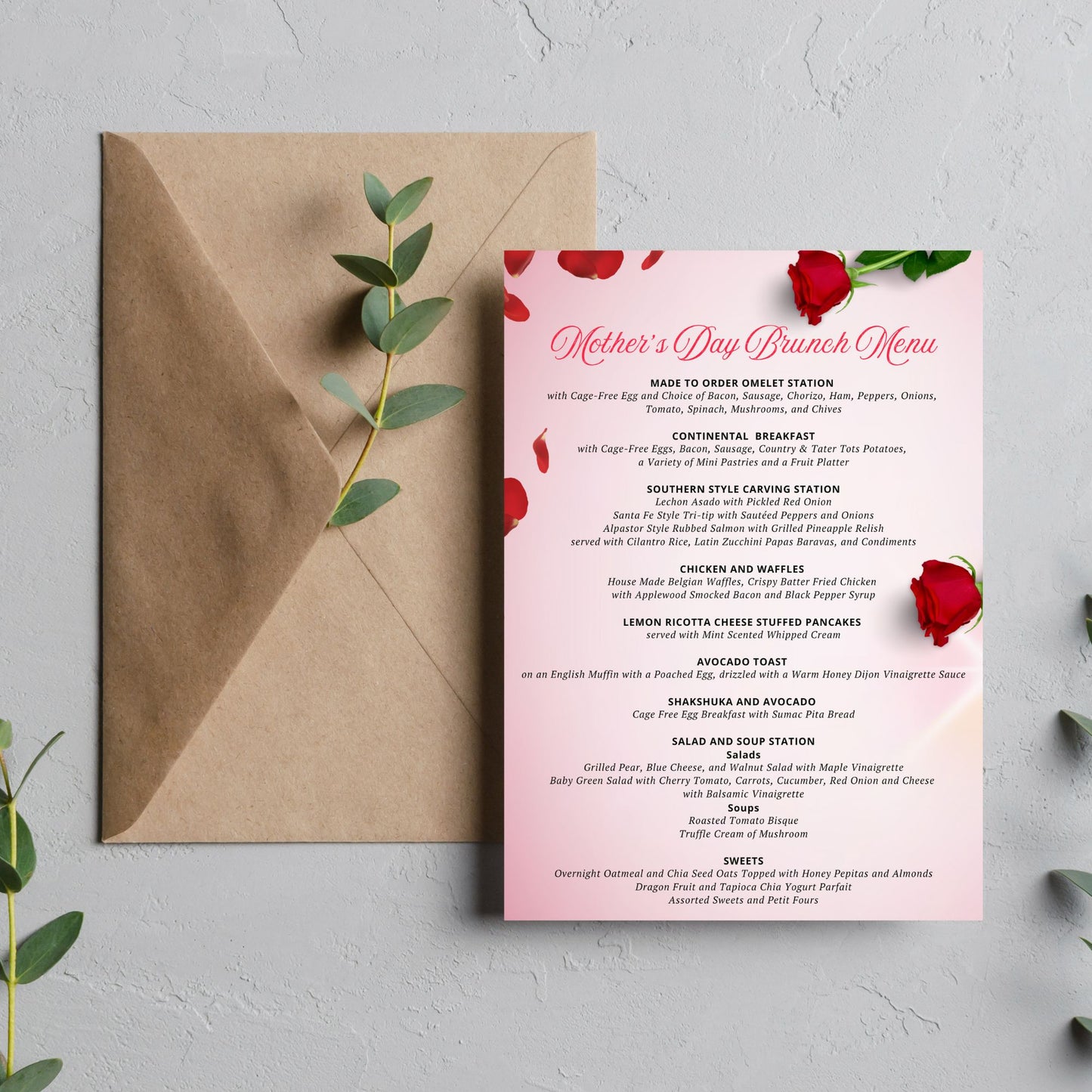 Elegant Mother's Day brunch menu featuring a sophisticated design with red and pink roses, customizable for a perfect family gathering.
