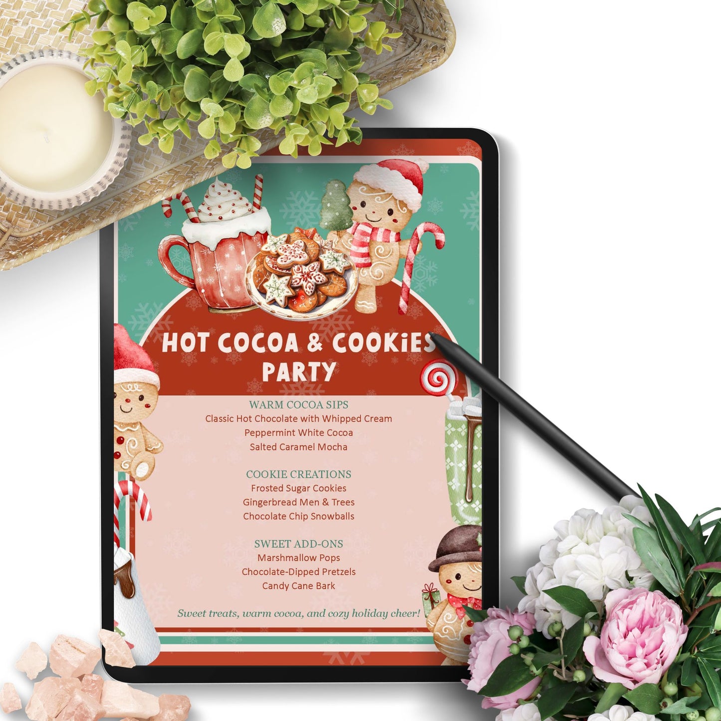 Digital menu for a 'Hot Cocoa & Cookies Party' with festive design elements on a tablet.