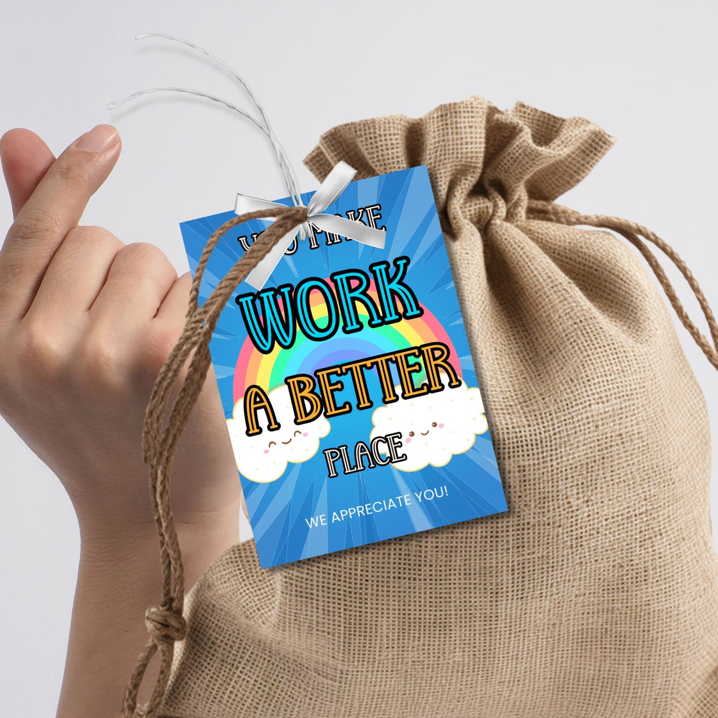 Editable National Boss's Day gift tags featuring a colorful rainbow and the message "You Make Work A Better Place." Each tag is 2.5 x 3.5 inches, 8 per sheet, with room for personalization.