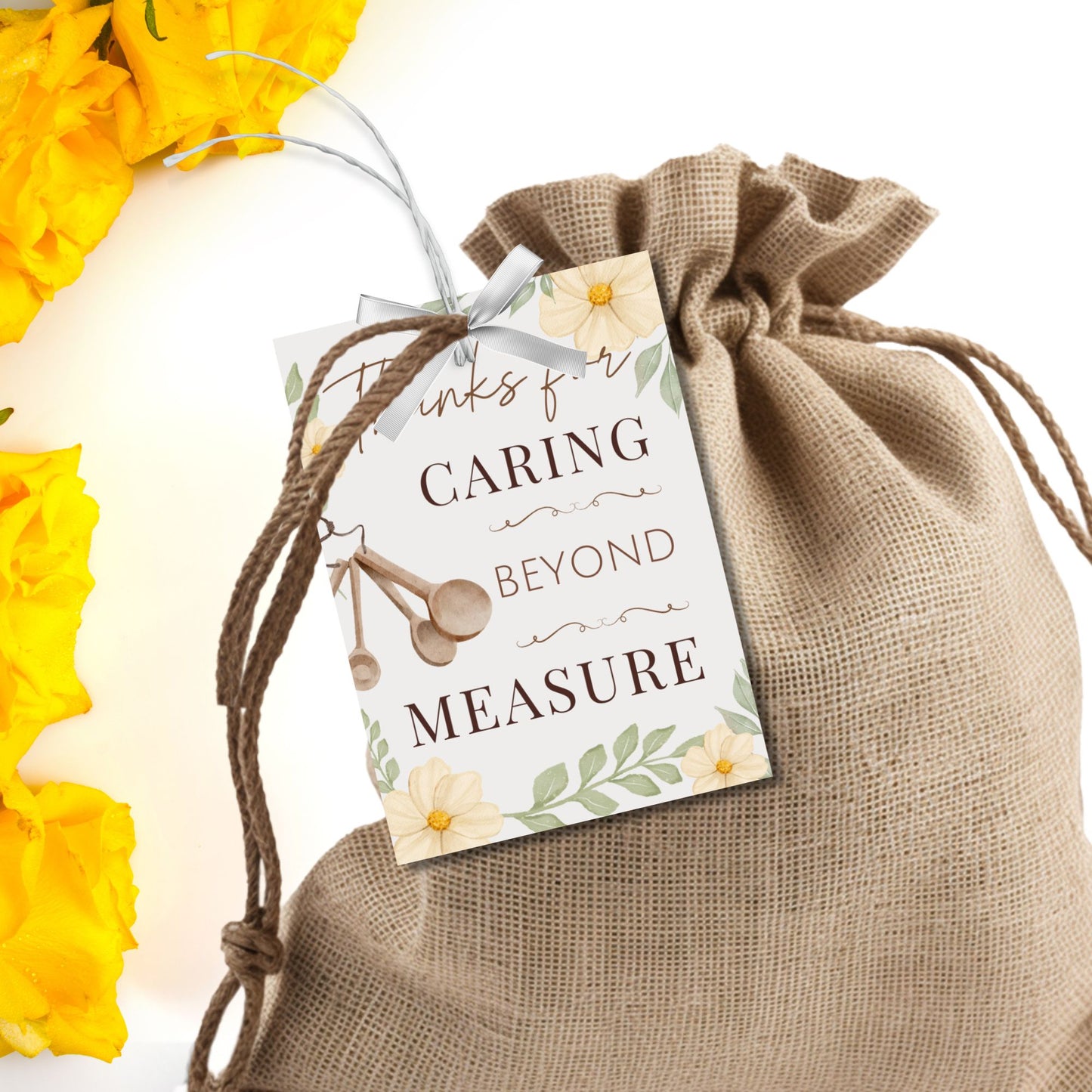 Printable and editable “Thanks for Caring Beyond Measure” gift tag with kitchen theme – perfect for caregivers, nurses, and appreciation gifts.