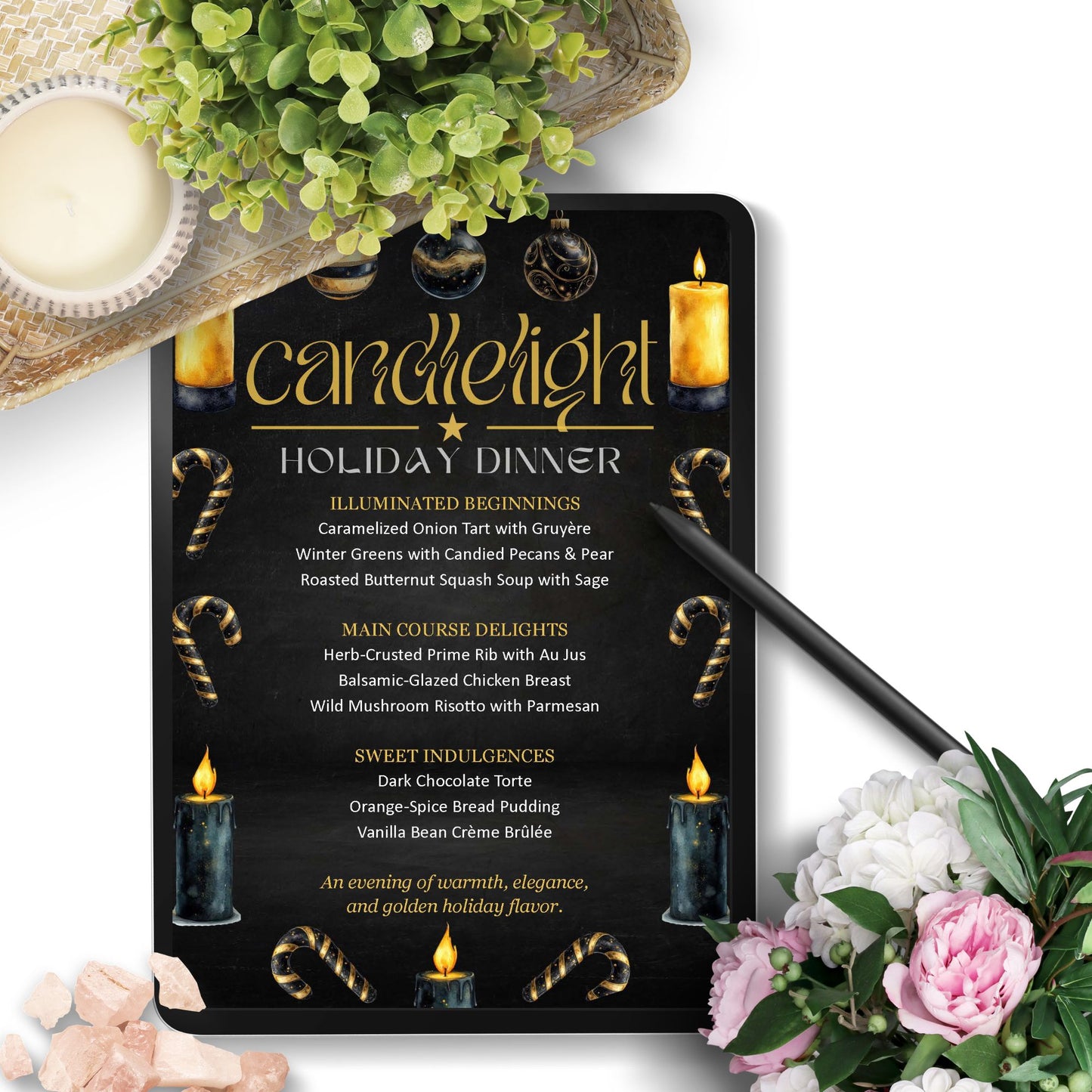 Elegant Candlelight Holiday Dinner Menu Template with black and gold design, editable in Microsoft Word, featuring festive Christmas menu layout on 8.5x11 printable sheet.