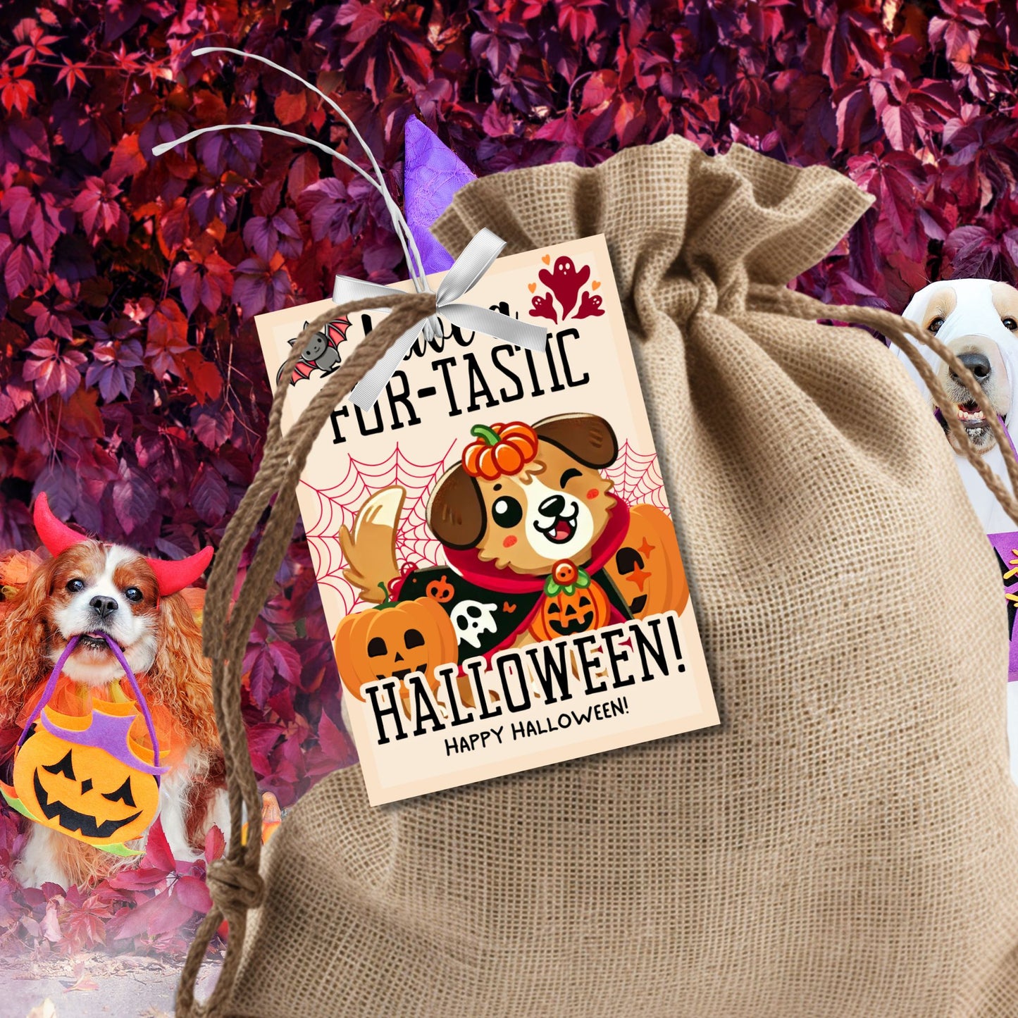 Printable dog-themed Halloween gift tags with the message "Have a Fur-Tastic Halloween!" featuring a cute dog in a pumpkin costume, bats, and pumpkins. The tags are 2.5 x 3.5 inches, laid out 8 per sheet on an 8.5 x 11-inch page. Includes a printable PDF and a link to an editable Canva template.