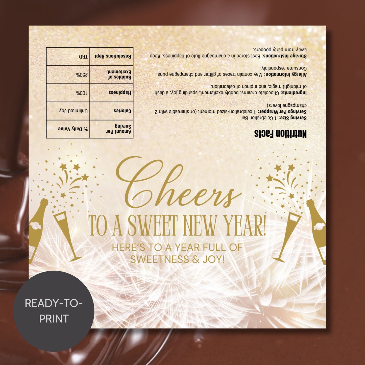 A vibrant New Year chocolate bar wrapper with celebratory designs and customizable text, perfect for adding a personal touch to New Year’s Eve celebrations or party favors.