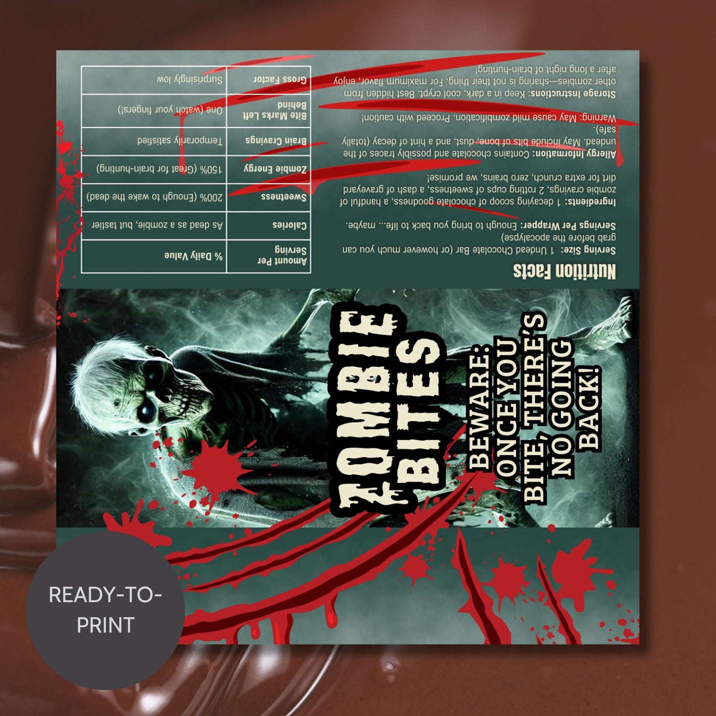 Printable and editable zombie-themed Halloween chocolate bar wrapper featuring a scary zombie design, perfect for trick-or-treat and spooky parties.