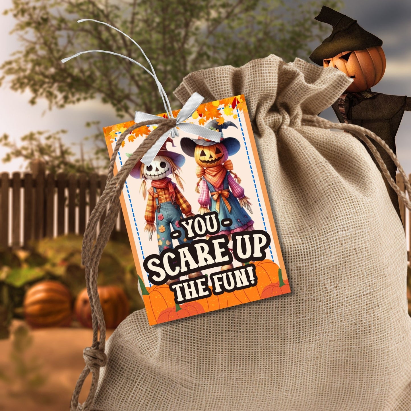 Editable scarecrow-themed fall gift tags with the message 'You Scare Up the Fun!' in 2.5 x 3.5 inches, 8 per sheet, available as printable and customizable PDFs