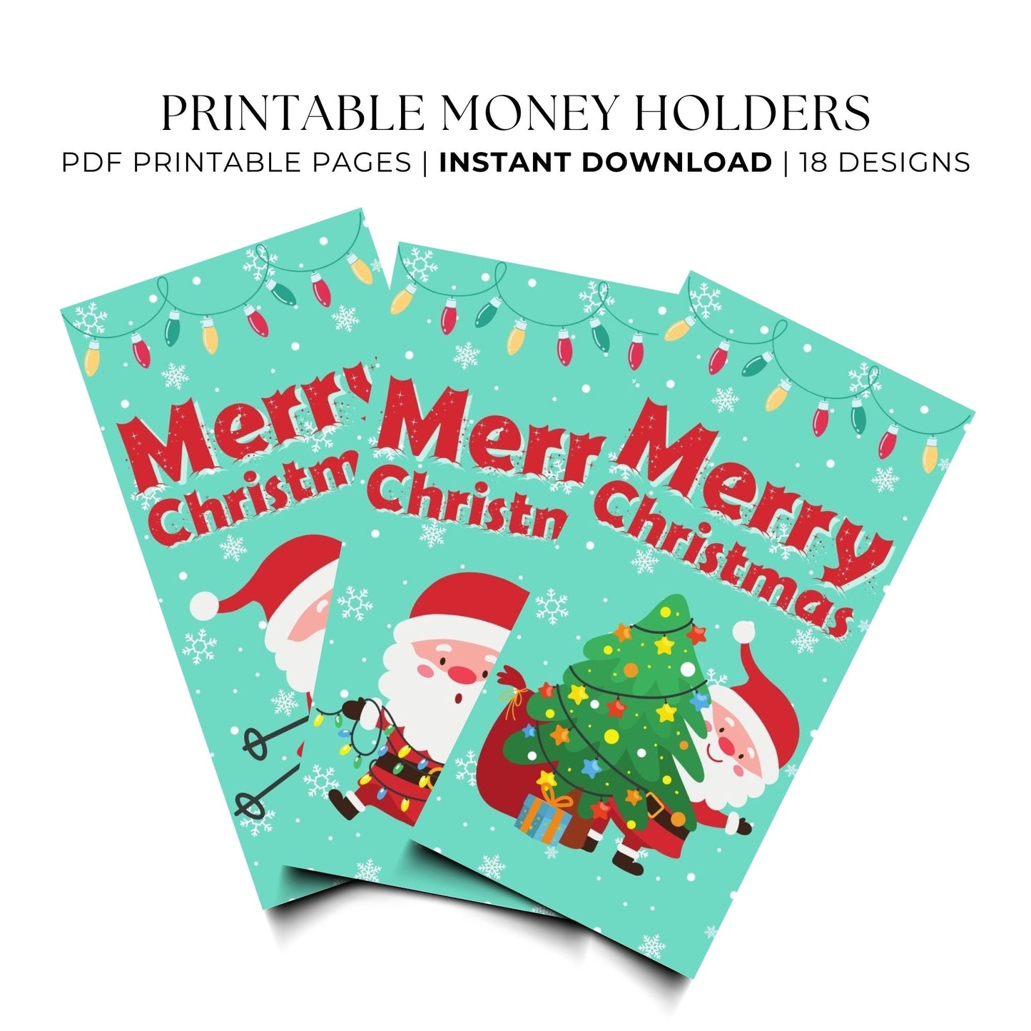 Three Christmas-themed money holders with Santa Claus and 'Merry Christmas' text on a white background.