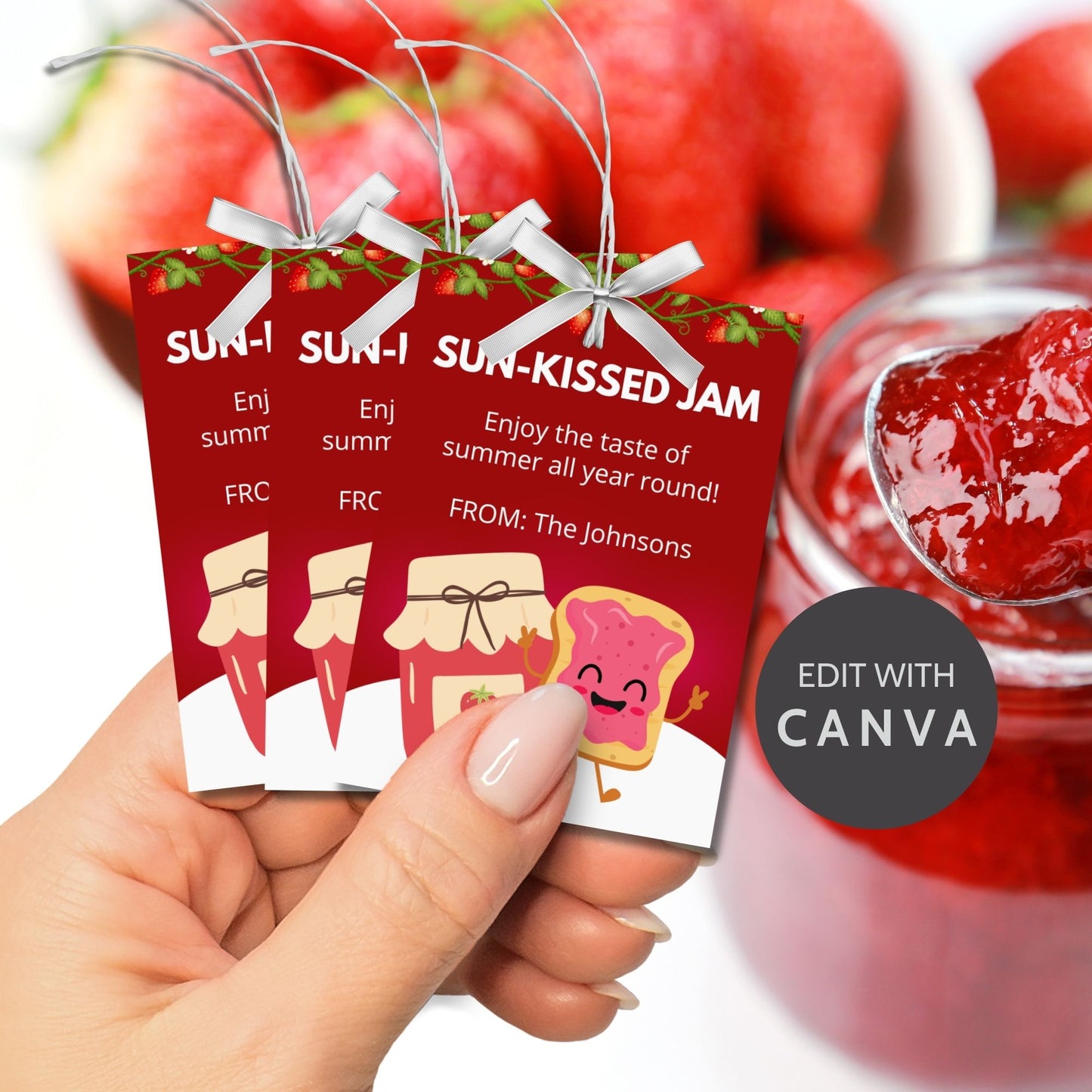 Charming gift tags featuring a colorful jam and toast design with the text "Sun-Kissed Jam. Enjoy the taste of summer all year round!" Personalize with names and messages.