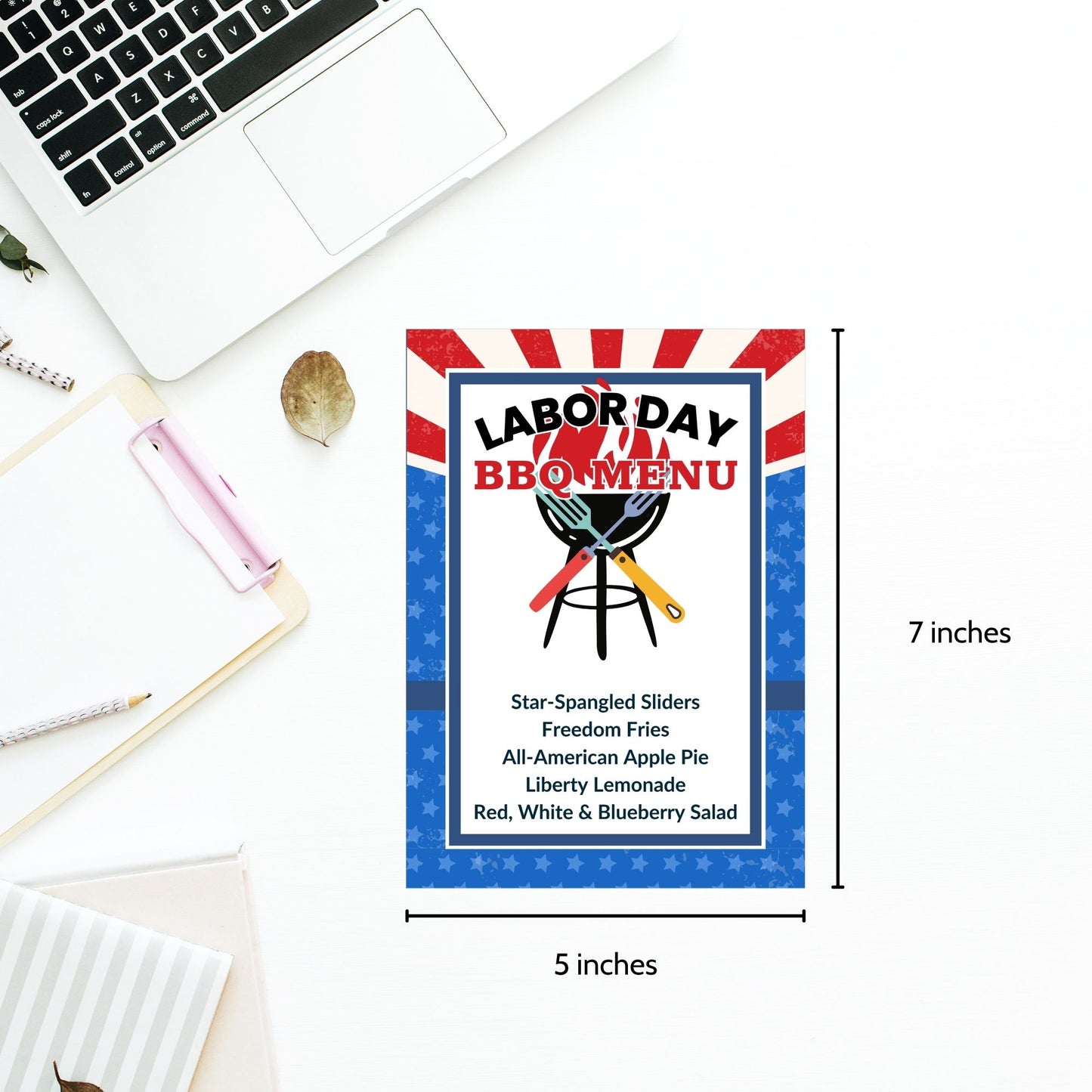 Patriotic Labor Day BBQ menu with red, white, and blue design, featuring editable food items like Star-Spangled Sliders and Liberty Lemonade.