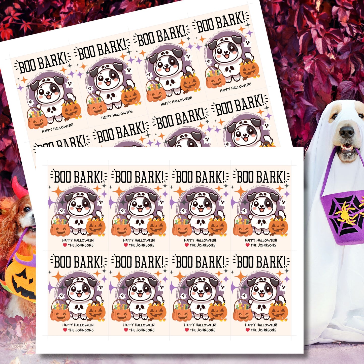 Printable Halloween gift tags featuring an adorable dog dressed in a Halloween costume with the message "Boo Bark!" Tags are 2.5 x 3.5 inches, laid out 8 per sheet on an 8.5 x 11-inch page. Includes a printable PDF and a PDF with a link to an editable Canva template.
