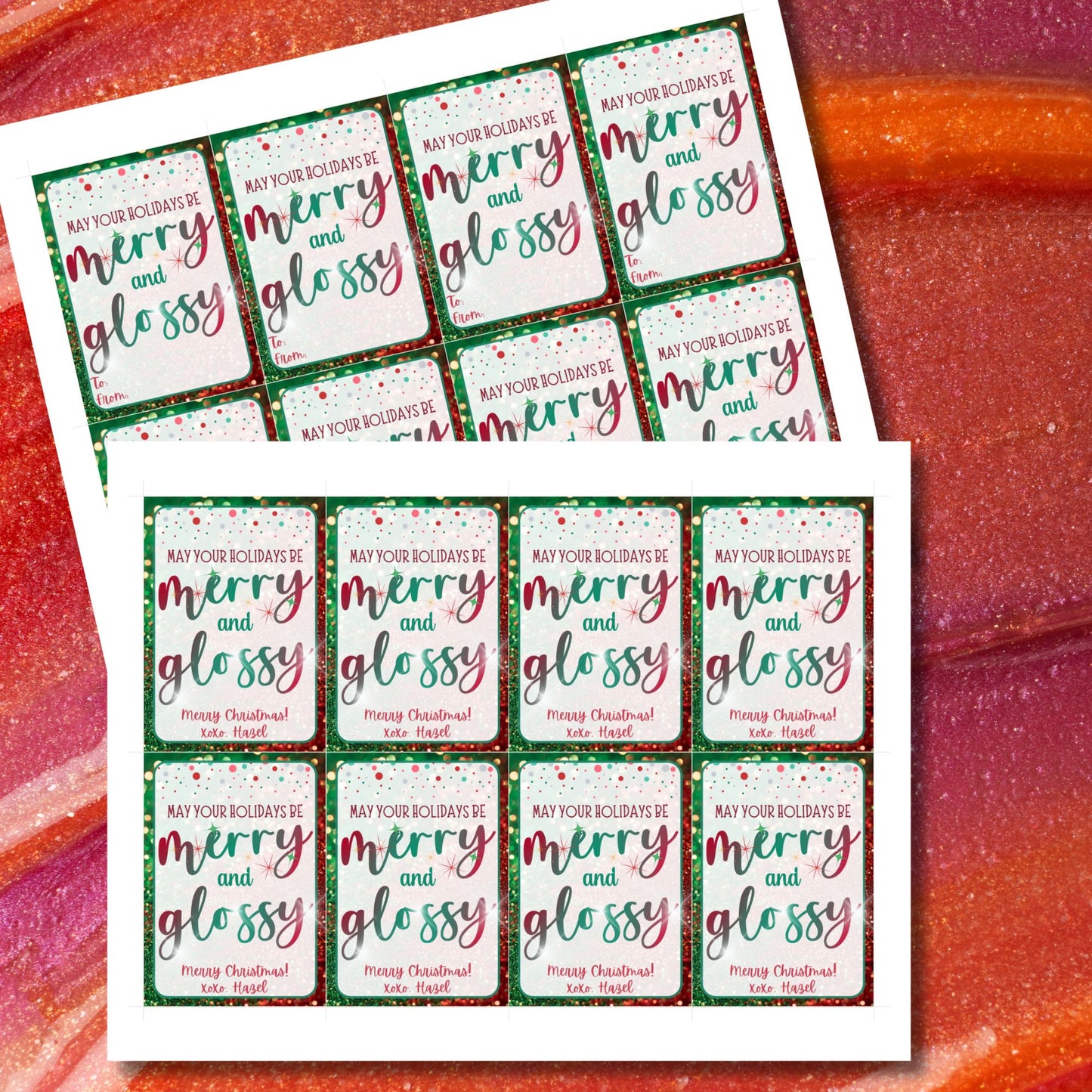 Christmas gift tags featuring the message "May Your Holidays Be Merry and Glossy" with a sparkling, festive design. Perfect for gifts like lip gloss, nail polish, or any glossy present, these printable and editable tags add a polished holiday touch.