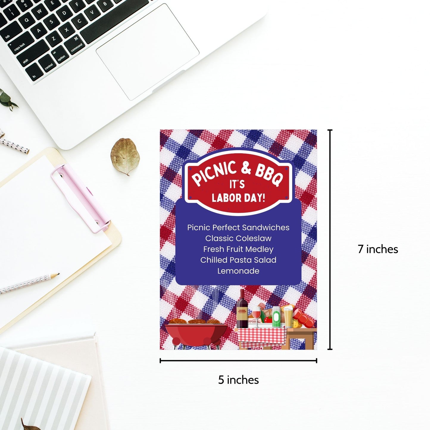 Picnic-themed Labor Day menu with a red, white, and blue gingham background, featuring editable items like Picnic Perfect Sandwiches and Fresh Fruit Medley.