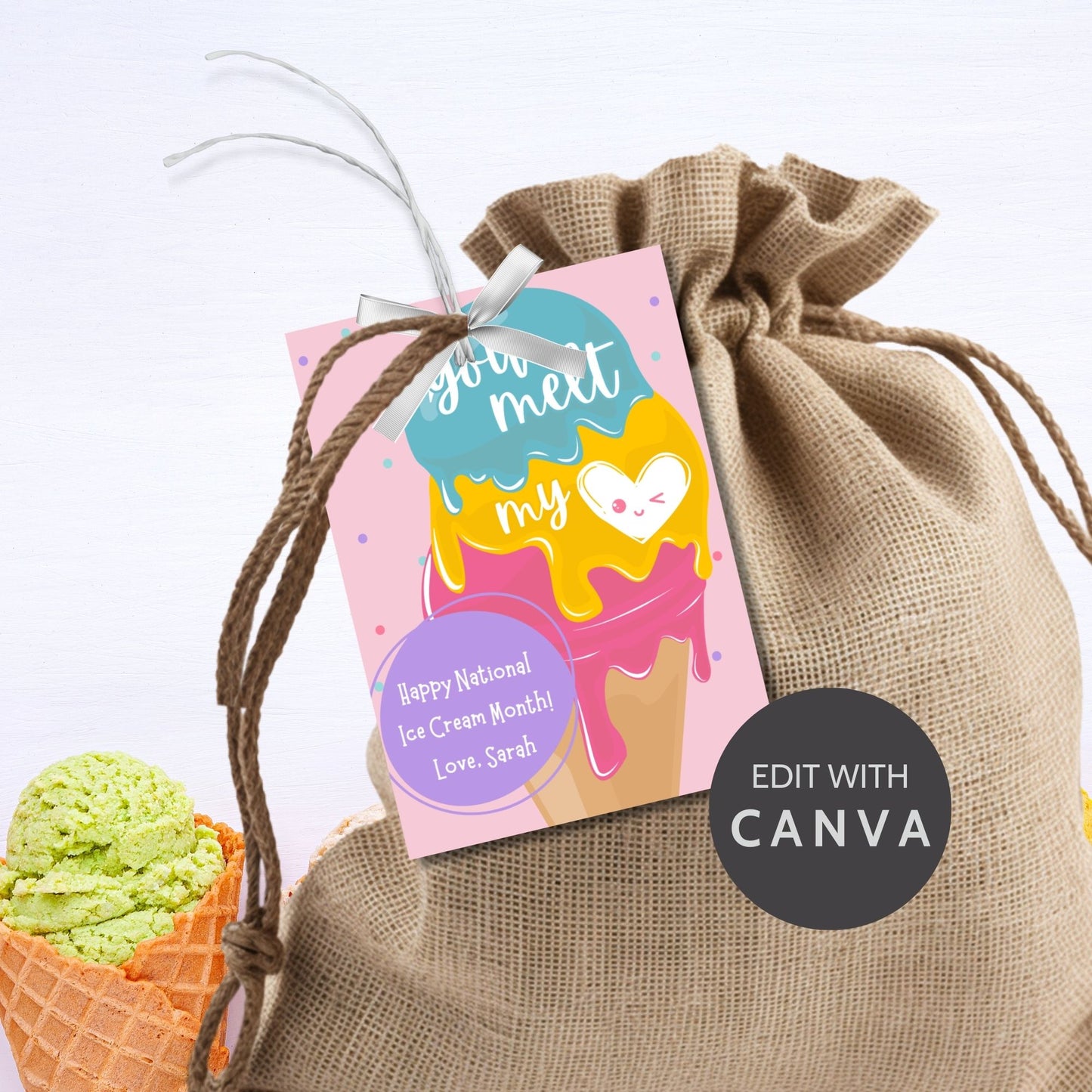 A set of colorful gift tags featuring an ice cream cone with scoops in blue, yellow, and pink, and a heart with a smiling face. The tags read "You Melt My Heart" and include a customizable message for National Ice Cream Month.