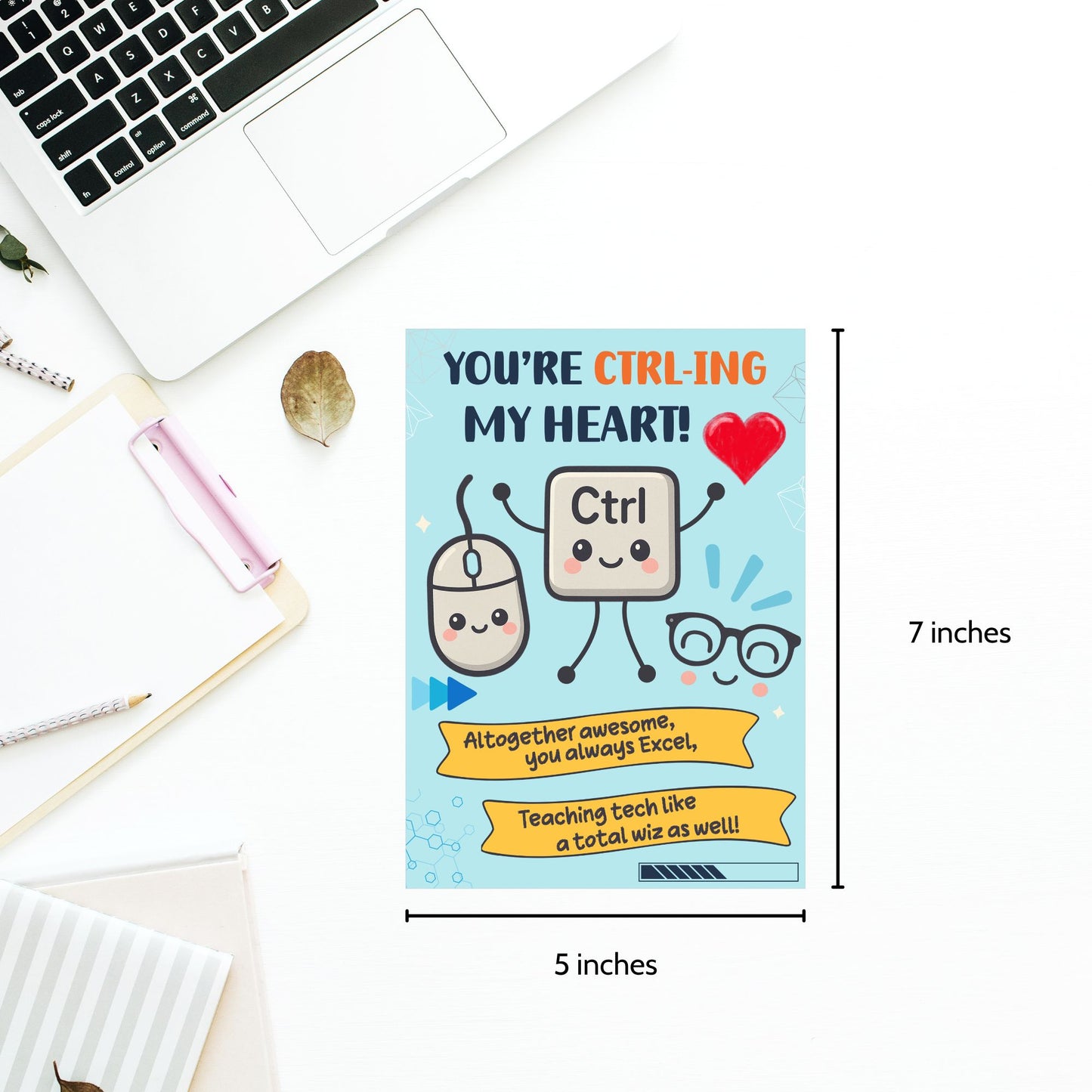 Tech-themed printable teacher card with “You’re CTRL-ing My Heart” and keyboard graphic – 5x7 digital download