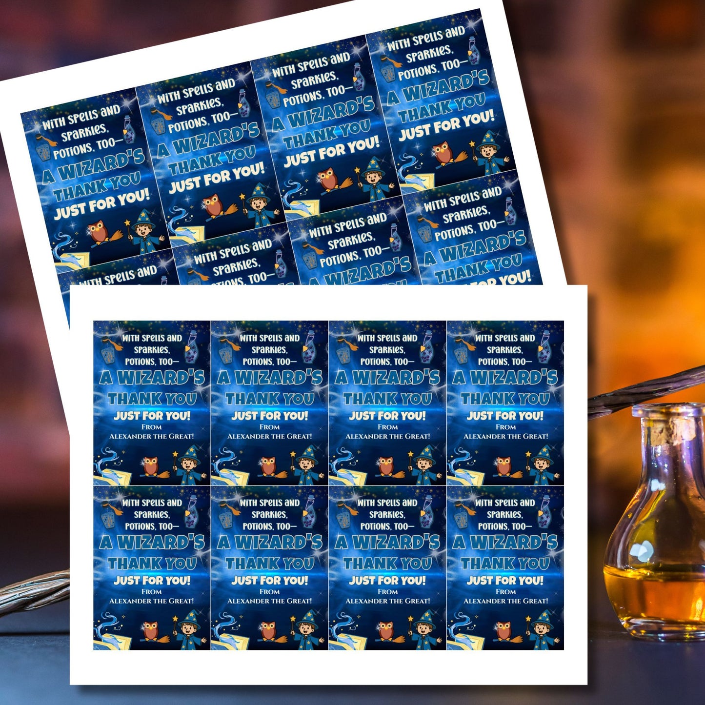 Sheet of personalized 'A Wizard's Thank You' cards with a potion bottle on a gradient background.