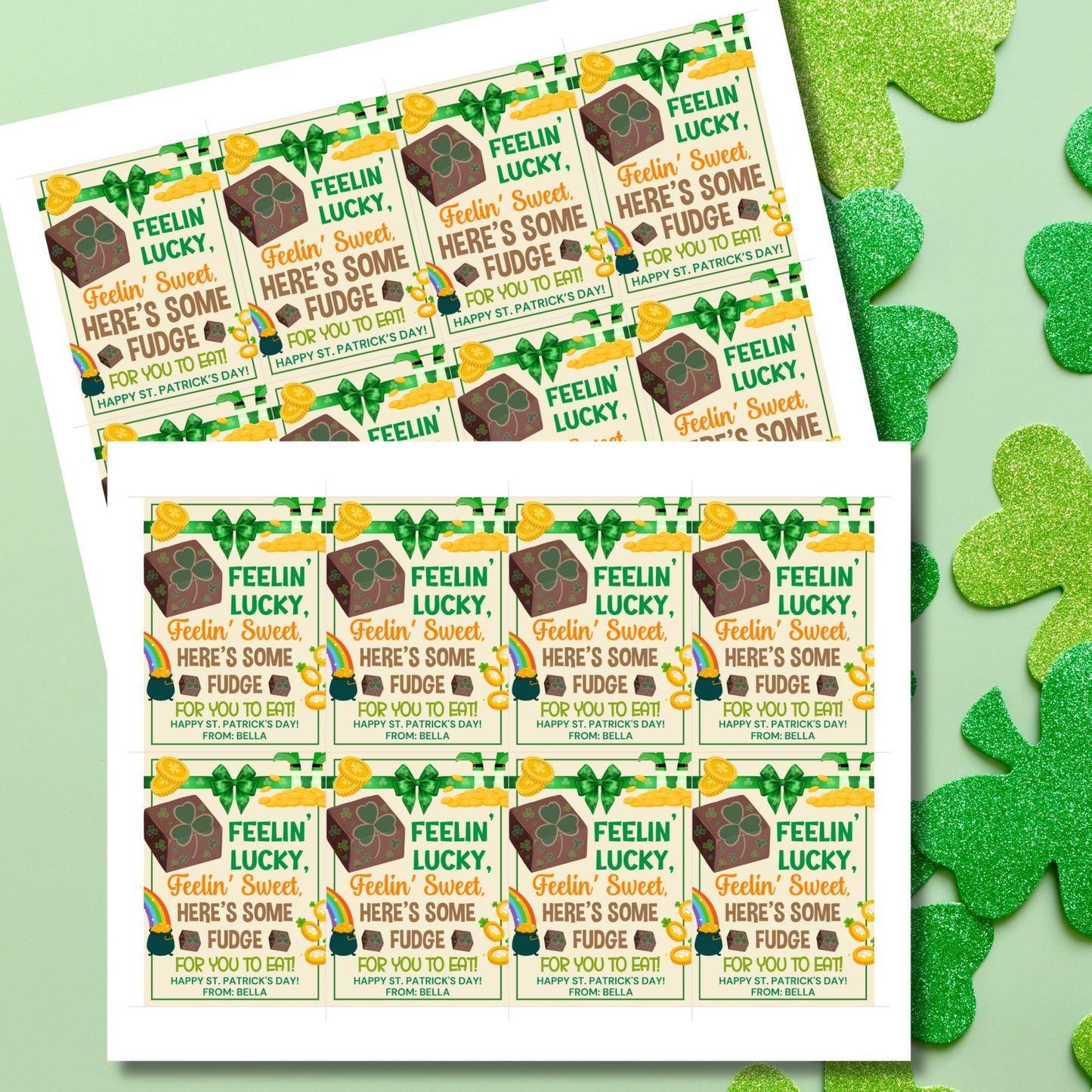 A festive St. Patrick’s Day printable gift tag featuring chocolate fudge decorated with shamrocks, gold coins, and rainbows, with the fun phrase “Feelin’ Lucky, Feelin’ Sweet – Here’s Some Fudge for You to Eat!” The tags are 2.5 x 3.5 inches, laid out on an 8.5 x 11-inch sheet, 8 per page. Available as a printable PDF and an editable Canva template for personalization.