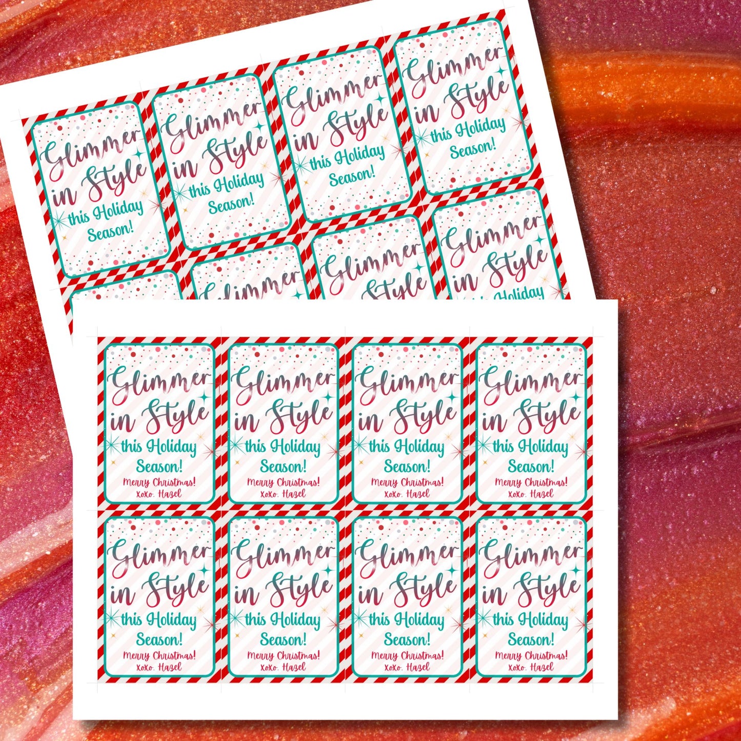 Festive "Glimmer in Style this Holiday Season" gift tags with a candy cane border, ideal for makeup gifts like lip gloss, lipstick, or eyeshadow. Includes printable PDF and editable Canva template.