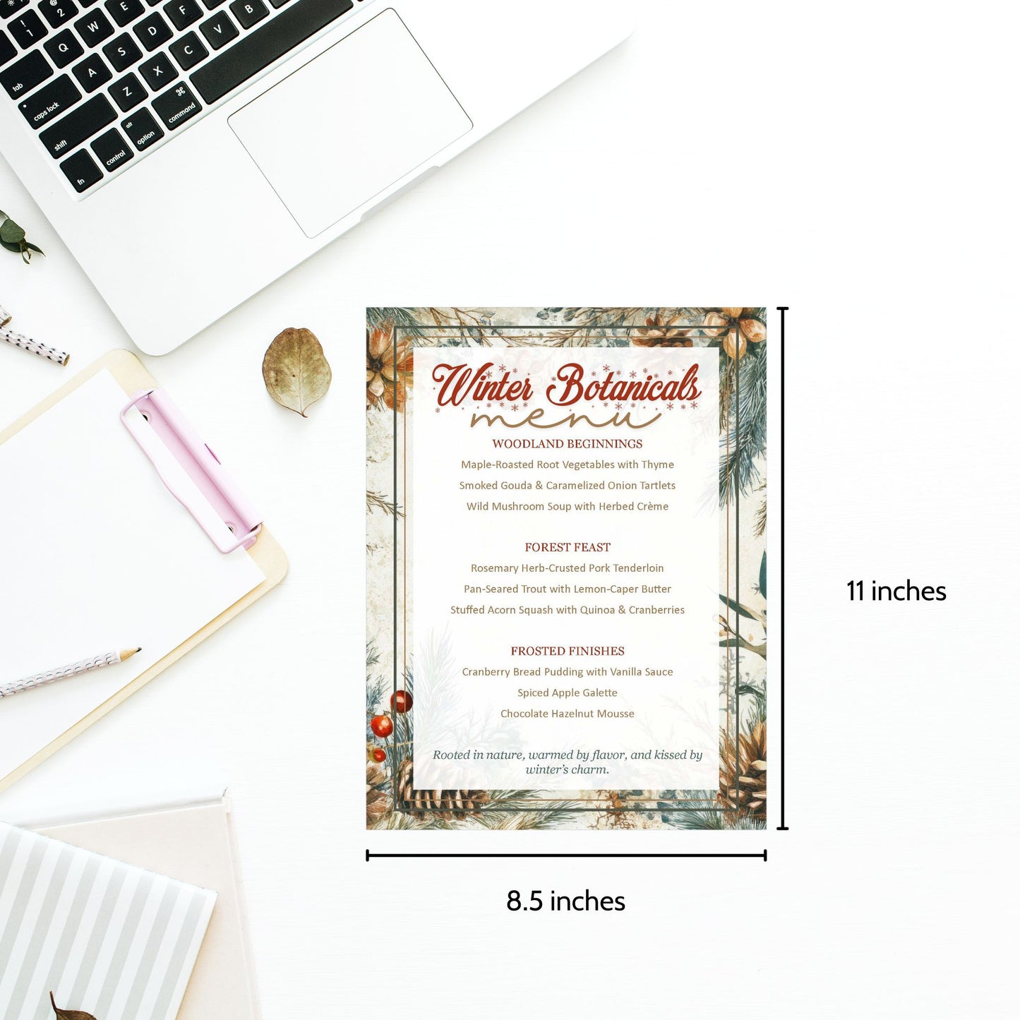 Winter Botanical menu card on a desk with laptop and stationery items