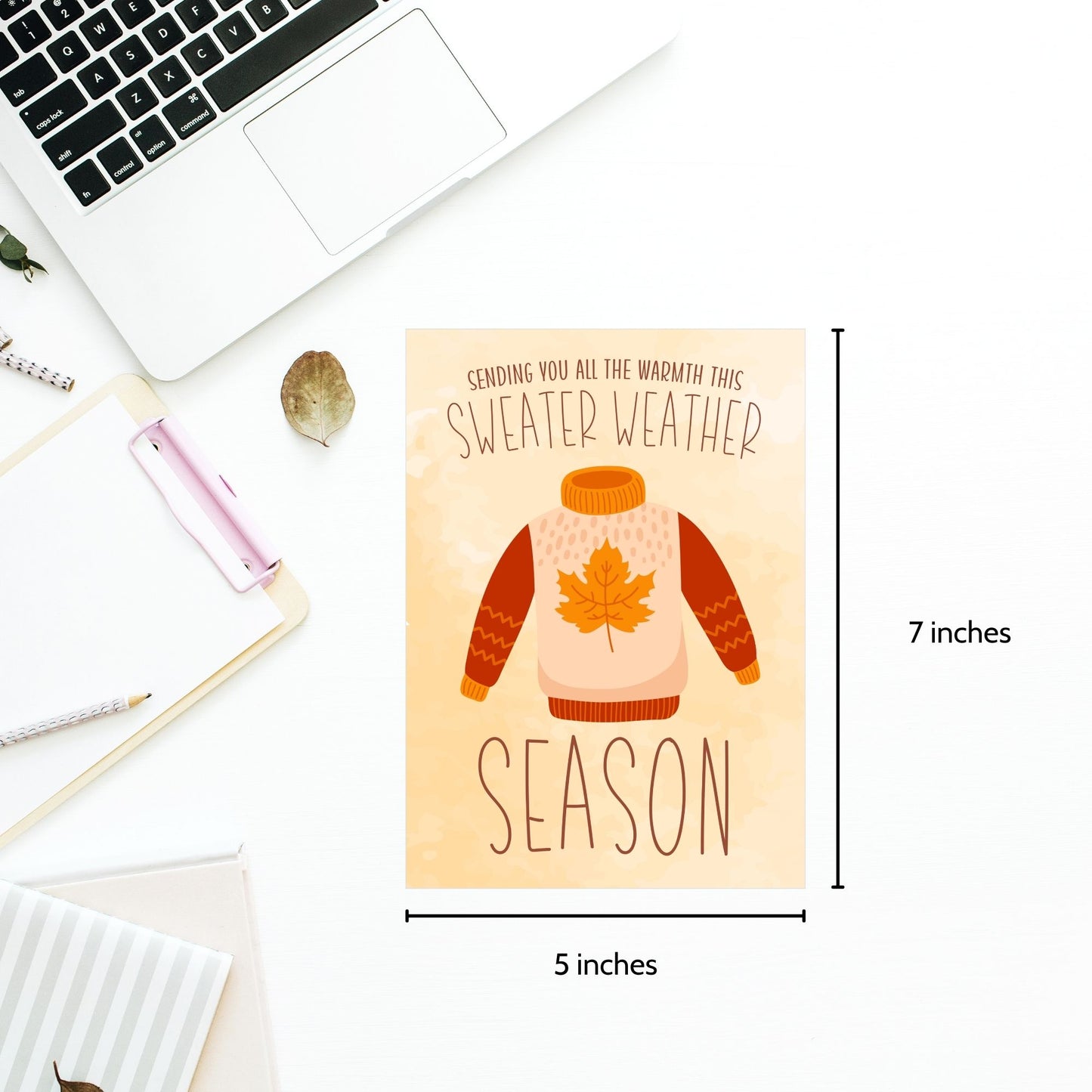Printable Fall Greeting Card featuring a cozy sweater design with the message 'Sending You All the Warmth This Sweater Weather Season,' set on a warm autumn background.