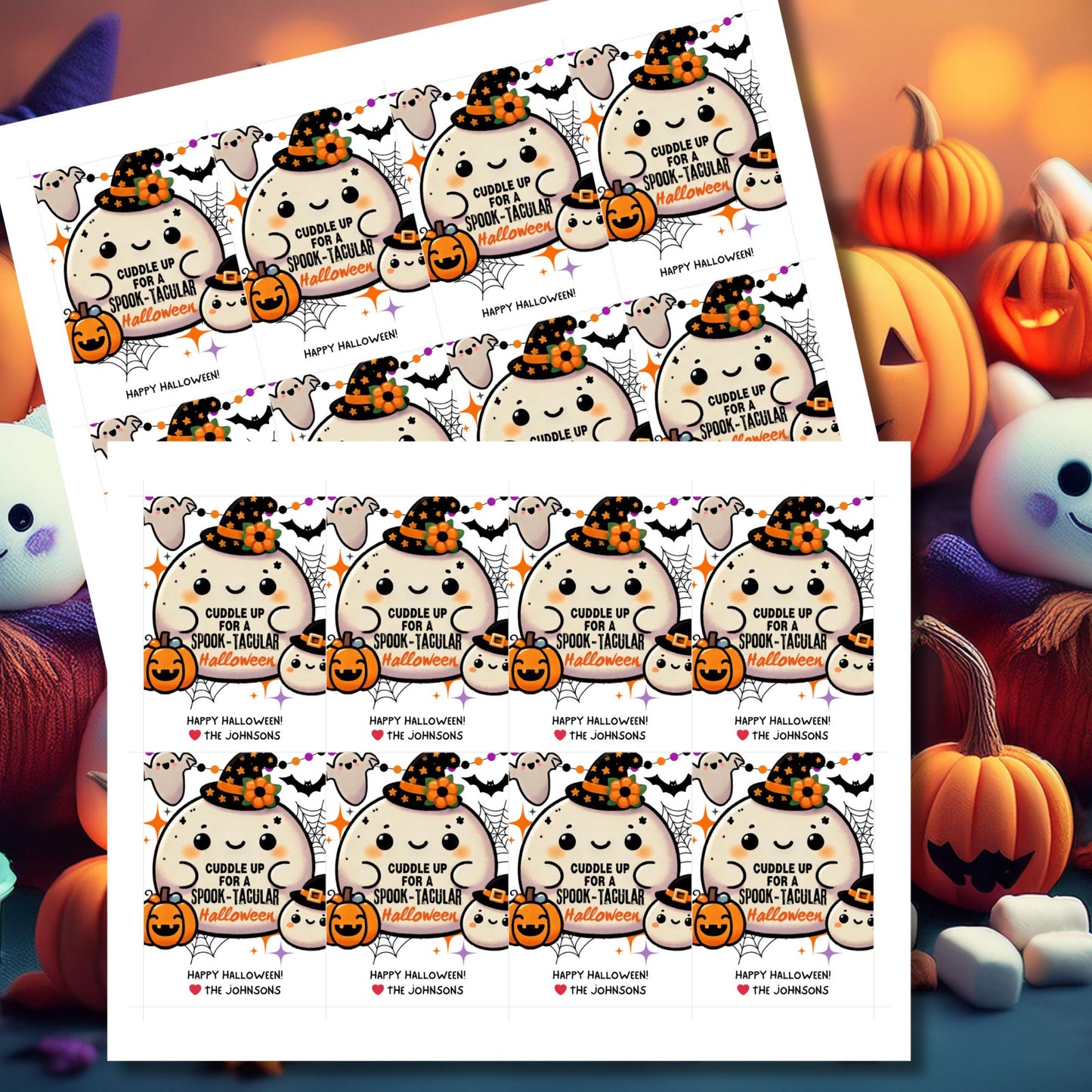 A set of cute, Squishmallow-themed Halloween gift tags featuring an adorable squishy ghost and pumpkin with witch hats. The tags say "Cuddle up for a Spook-Tacular Halloween!" Perfect for Squishmallow fans, these tags are 2.5 x 3.5 inches, laid out 8 per sheet, with a printable PDF and editable template included.