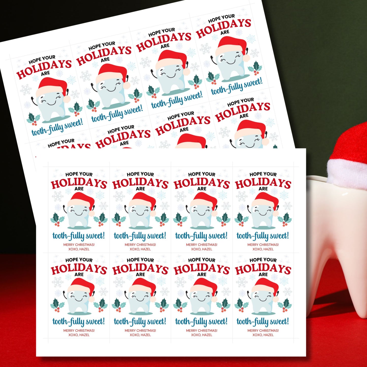 A festive gift tag featuring a cute tooth character in a Santa hat, with holly and snowflakes, perfect for dentist-themed holiday gifts.