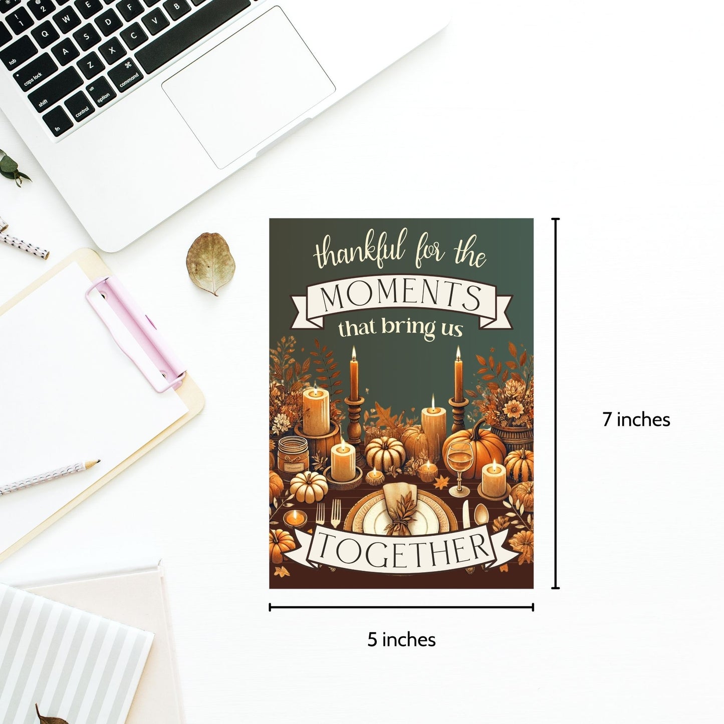 Printable Fall Greeting Card featuring a candlelit autumn table with pumpkins and the message 'Thankful for the Moments that Bring Us Together,' ideal for expressing gratitude this fall.
