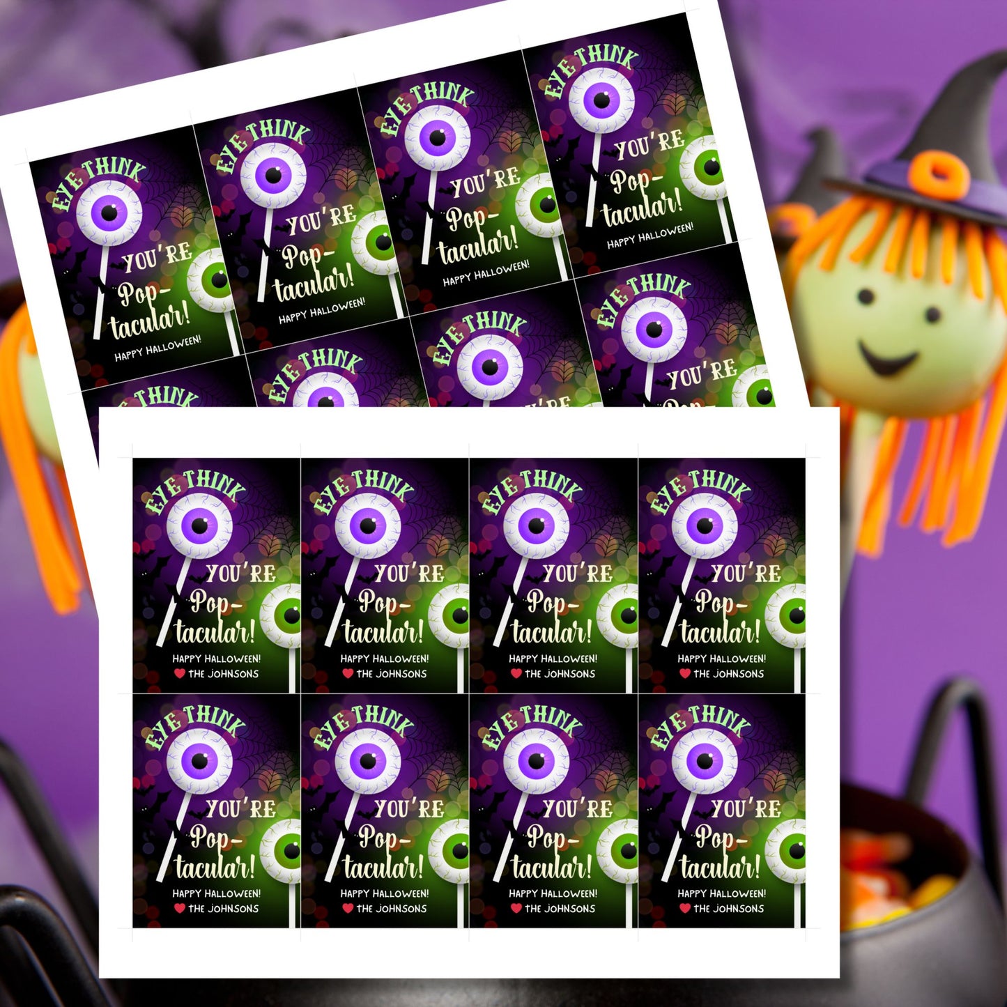 Halloween gift tag with a spooky eyeball cake pop design and the message 'Eye Think You're Pop-tacular!' for cake pop-themed treats.