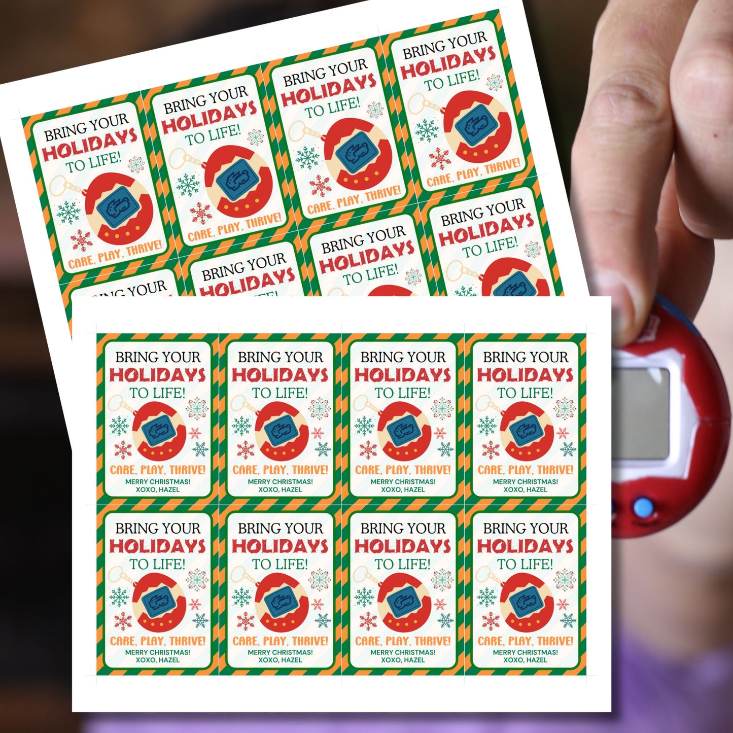 Festive holiday gift tags for Tamagotchi gifts featuring a colorful digital pet theme with a cheerful holiday message, perfect for kids or nostalgic retro lovers.