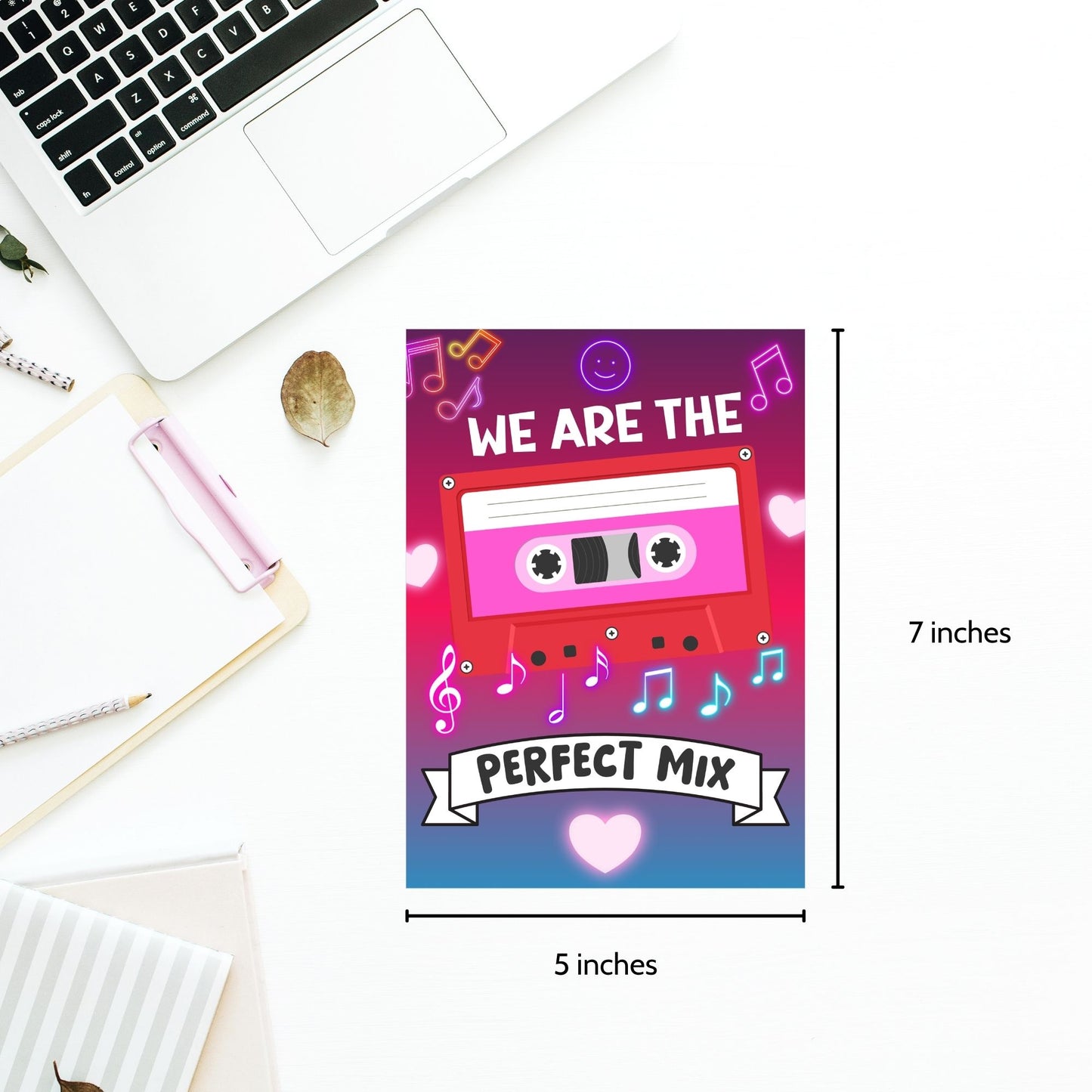 Printable Valentineās Day Greeting Card with the message āWe Are the Perfect Mix.ā Designed as a 5x7 PDF on an 8.5 x 11 sheet with two cards per page. A fun and heartfelt Valentineās card for couples and friends.