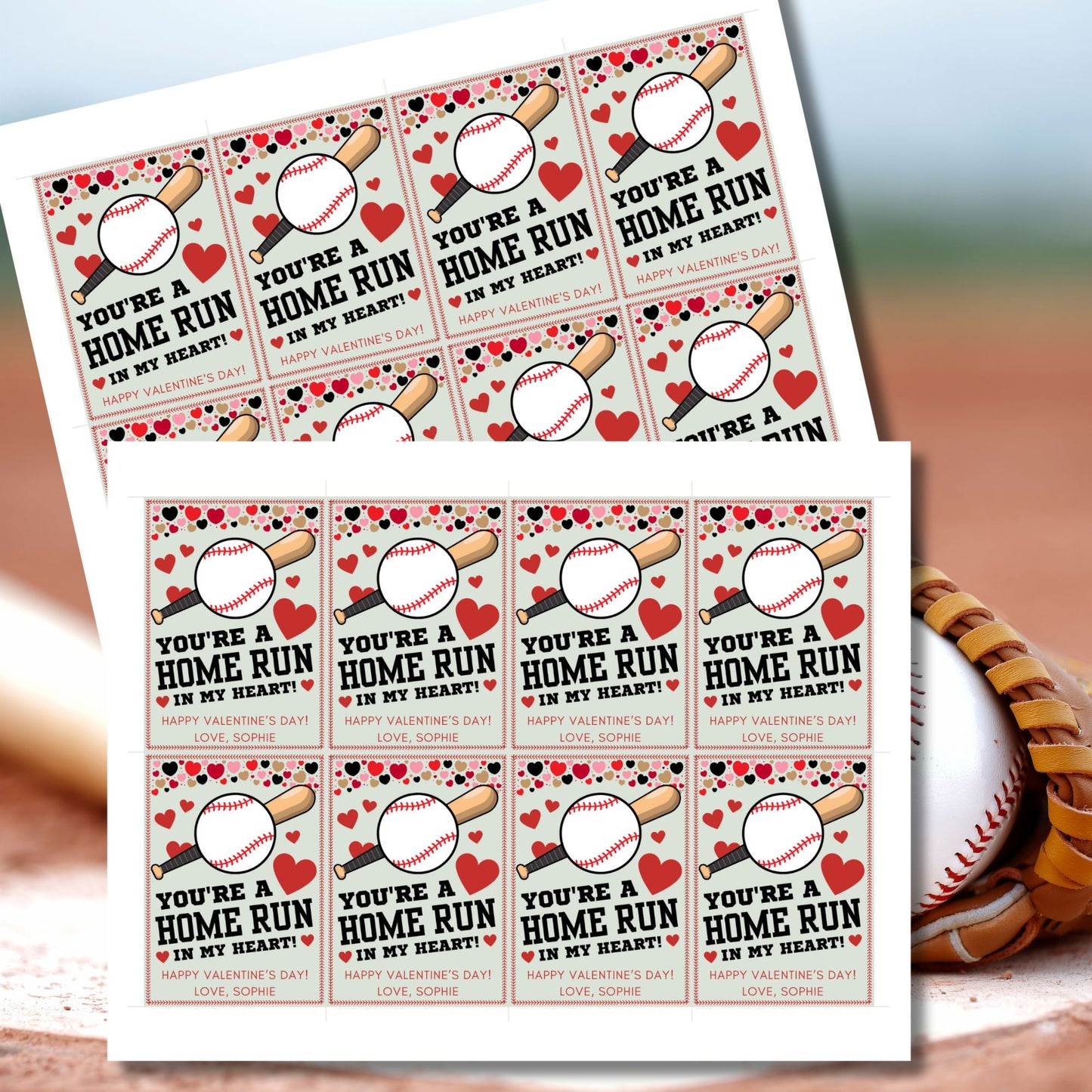 Printable and editable baseball-themed Valentine’s Day gift tags with the message "You’re a Home Run in My Heart." Features a baseball bat, ball, and hearts, perfect for teammates, coaches, and sports lovers.