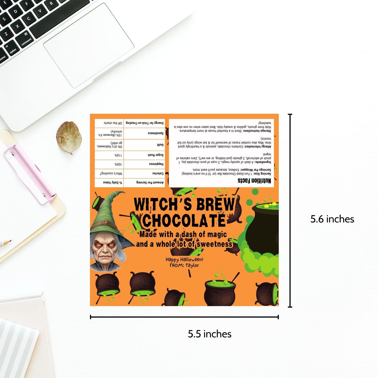Printable and editable Halloween chocolate bar wrappers with witch and cauldron design, perfect for Halloween parties and trick-or-treat.