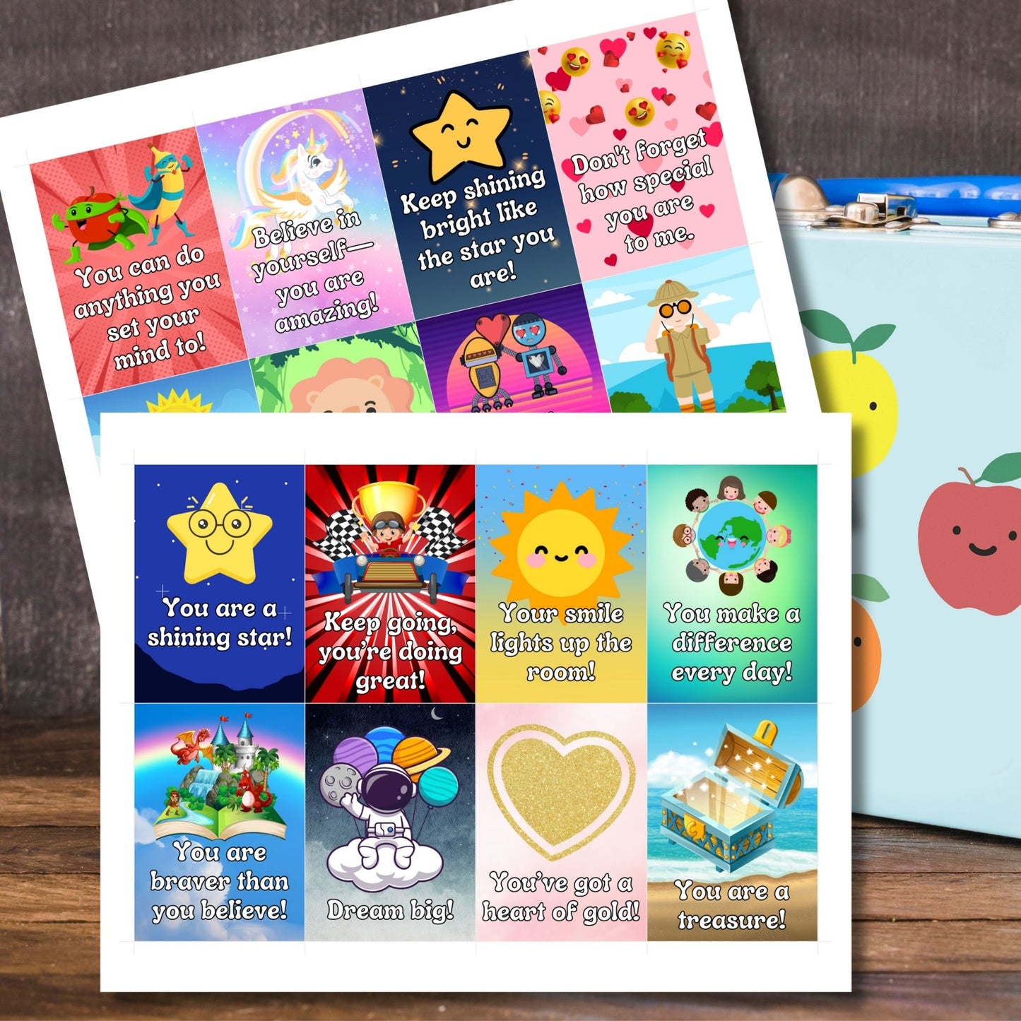 A collection of 16 colorful and motivational printable lunch box notes with fun designs, perfect for brightening up a child's lunchtime.