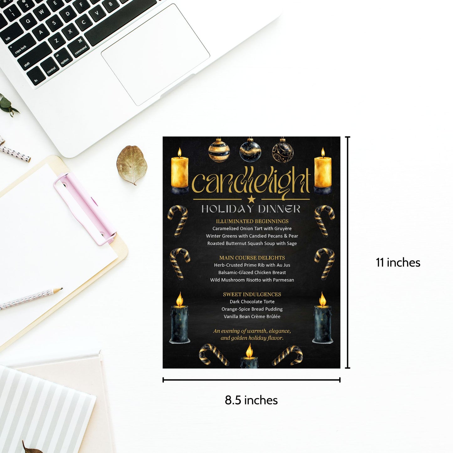 Elegant Candlelight Holiday Dinner Menu Template with black and gold design, editable in Microsoft Word, featuring festive Christmas menu layout on 8.5x11 printable sheet.